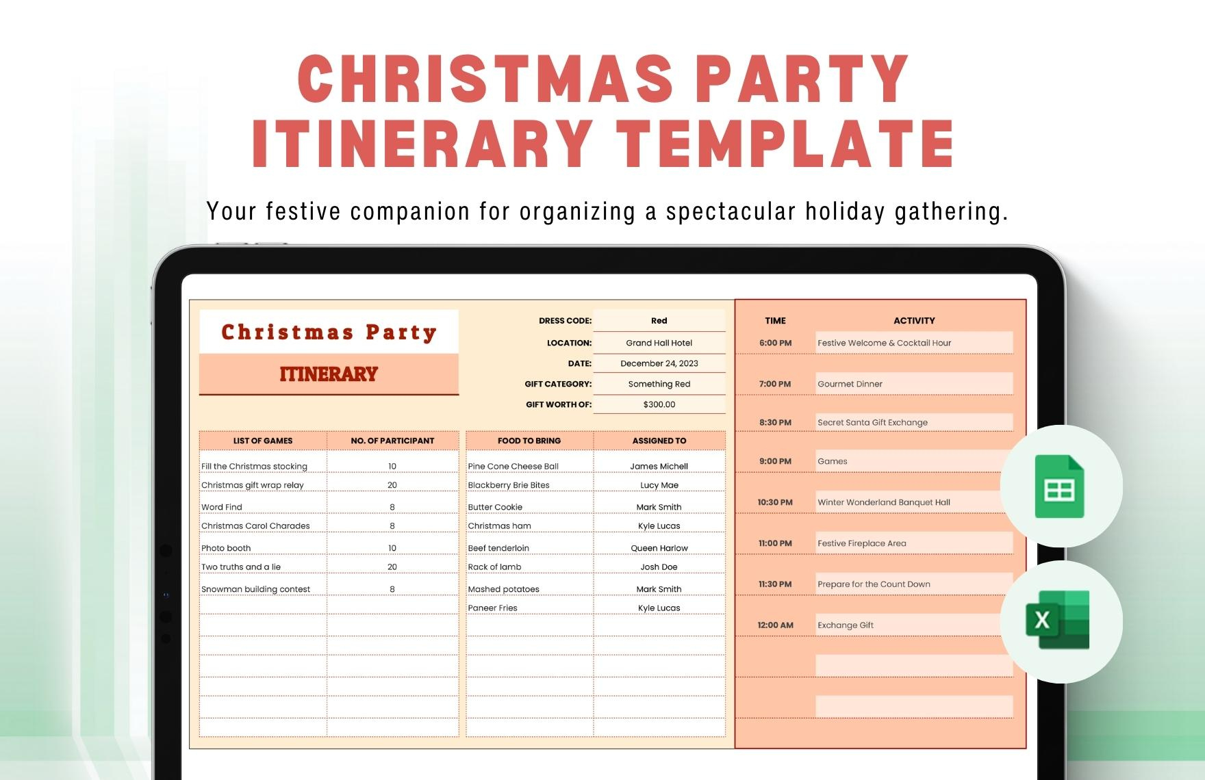 Christmas Party Itinerary Template In Excel, Google Sheets for Christmas Party Schedule Template