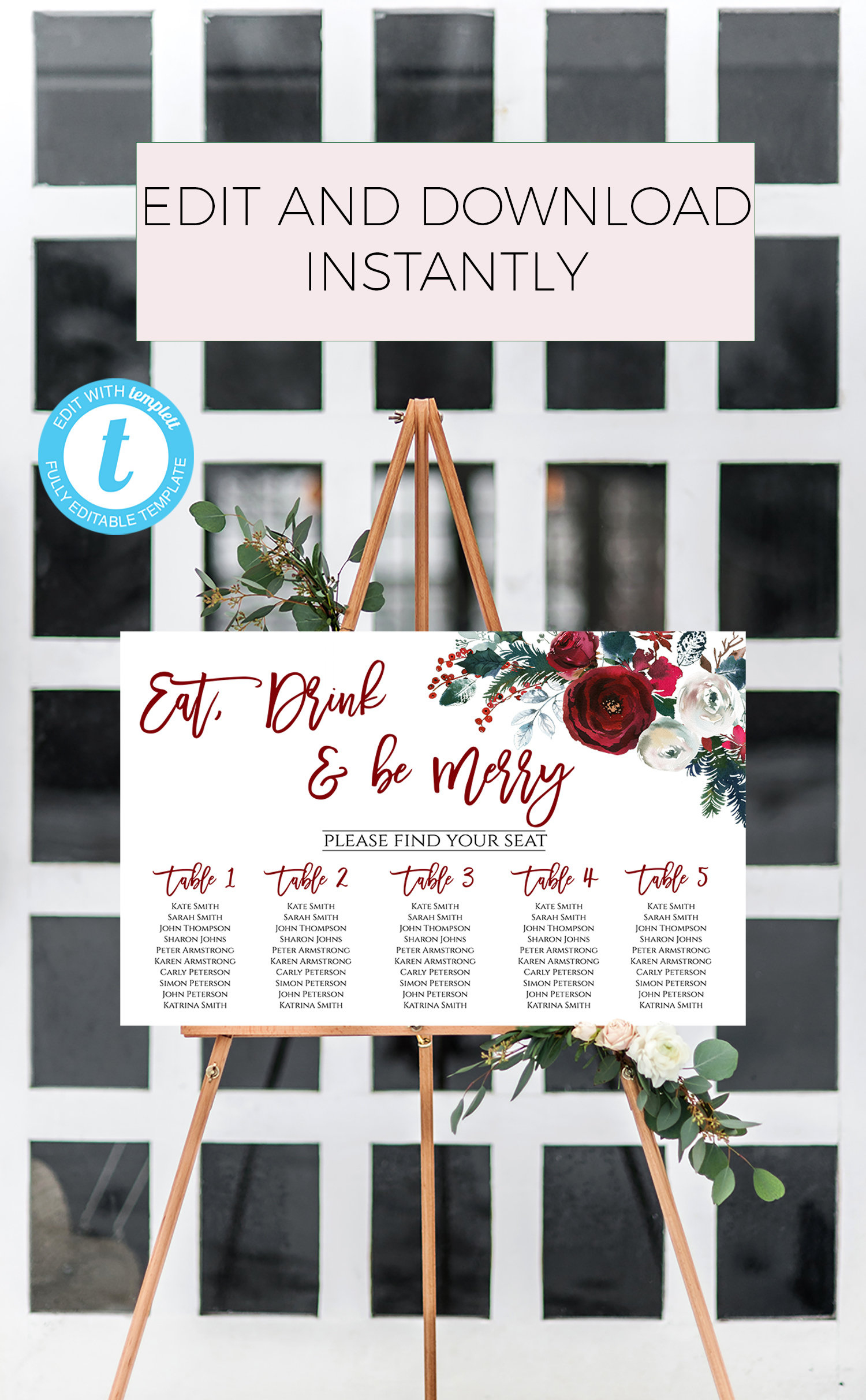 Christmas Party Seating Chart Template, Floral Design (Digital intended for Christmas Party Seating Chart Template