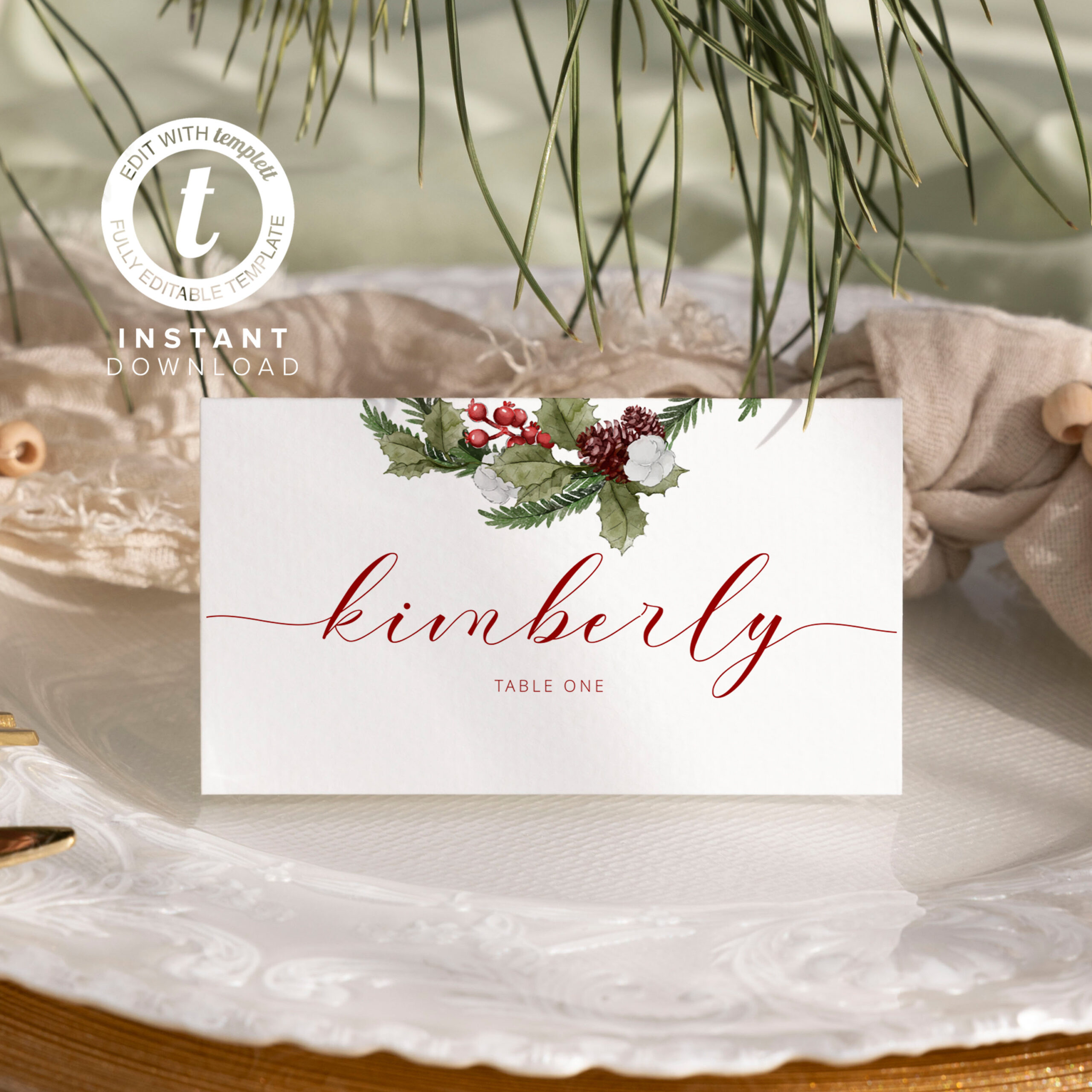 Christmas Place Card Template, Holiday Seating Card, Winter inside Christmas Place Settings Template