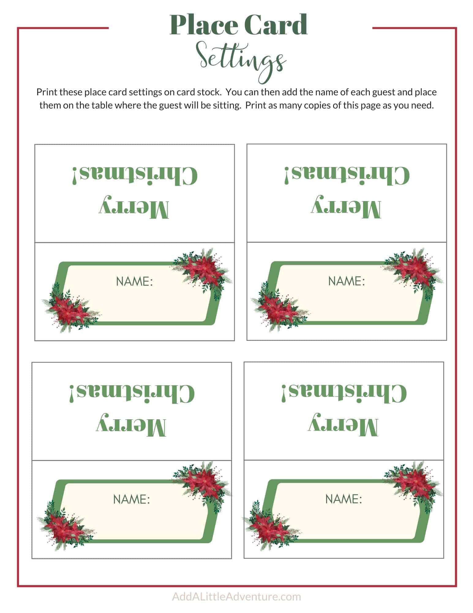 Christmas Place Cards Printables - Diy Templates with regard to Christmas Table Name Cards Template