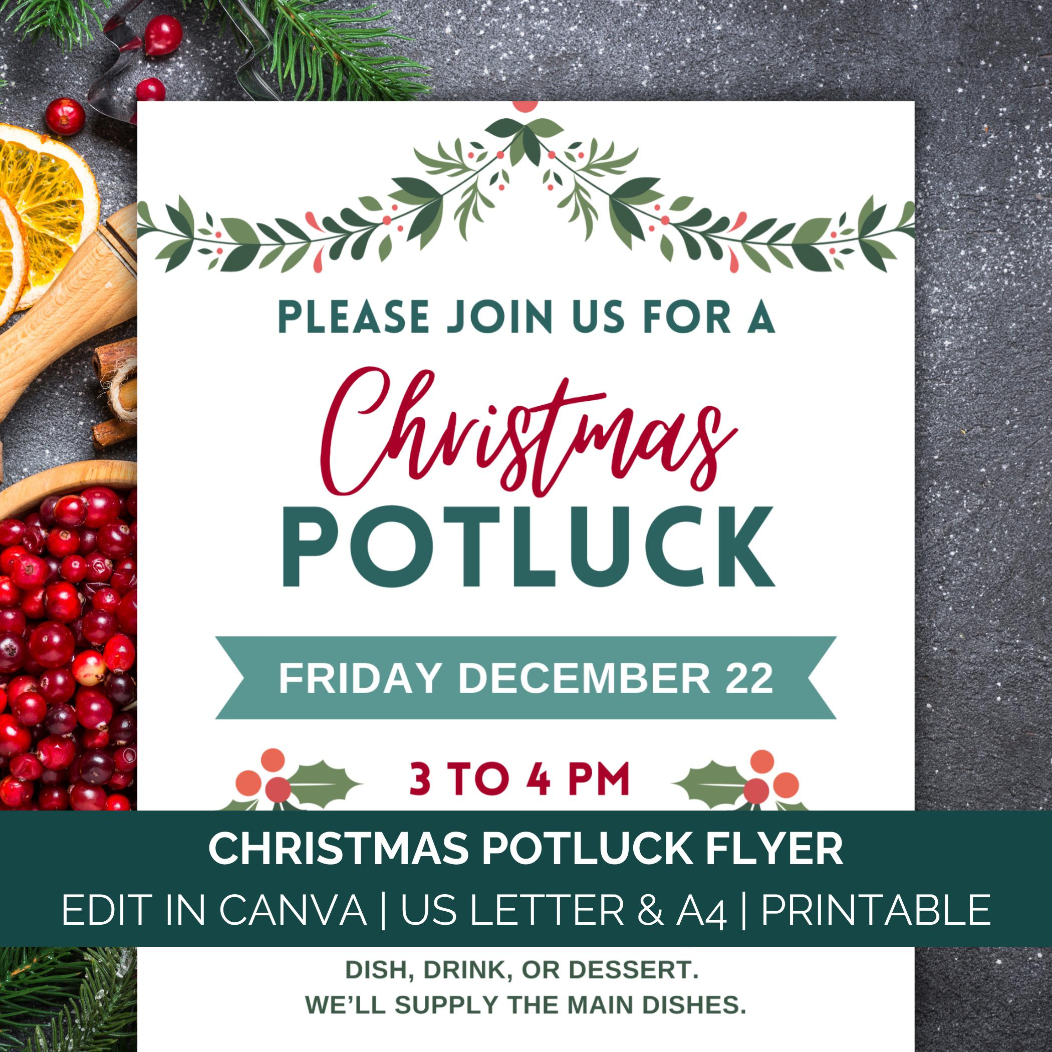 Christmas Potluck Flyer Template, Winter Potluck Sign, Office in Christmas Potluck Invitation Template Free