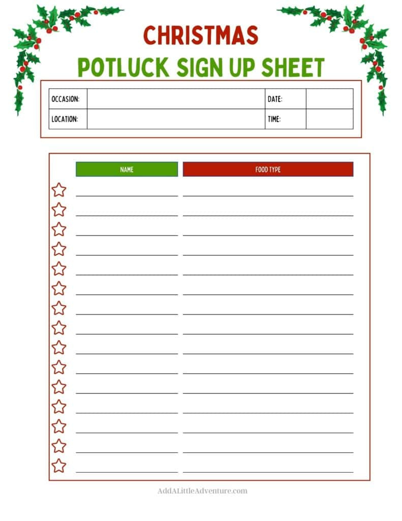 Christmas Potluck Sign-Up Sheets (Free Printables) inside Christmas Party Food List Template