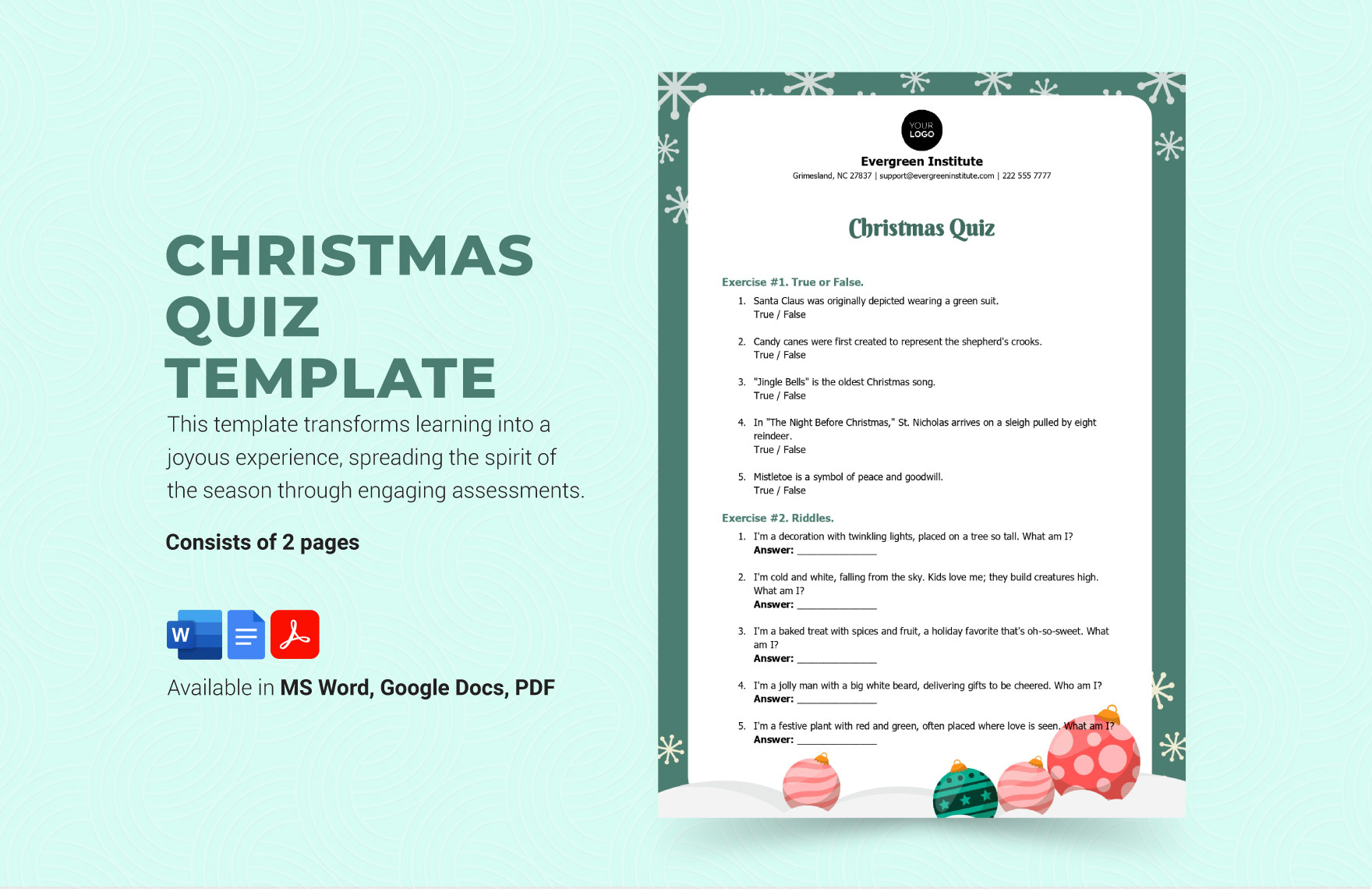 Christmas Quiz Template In Word, Pdf, Google Docs - Download intended for Christmas Quiz Template