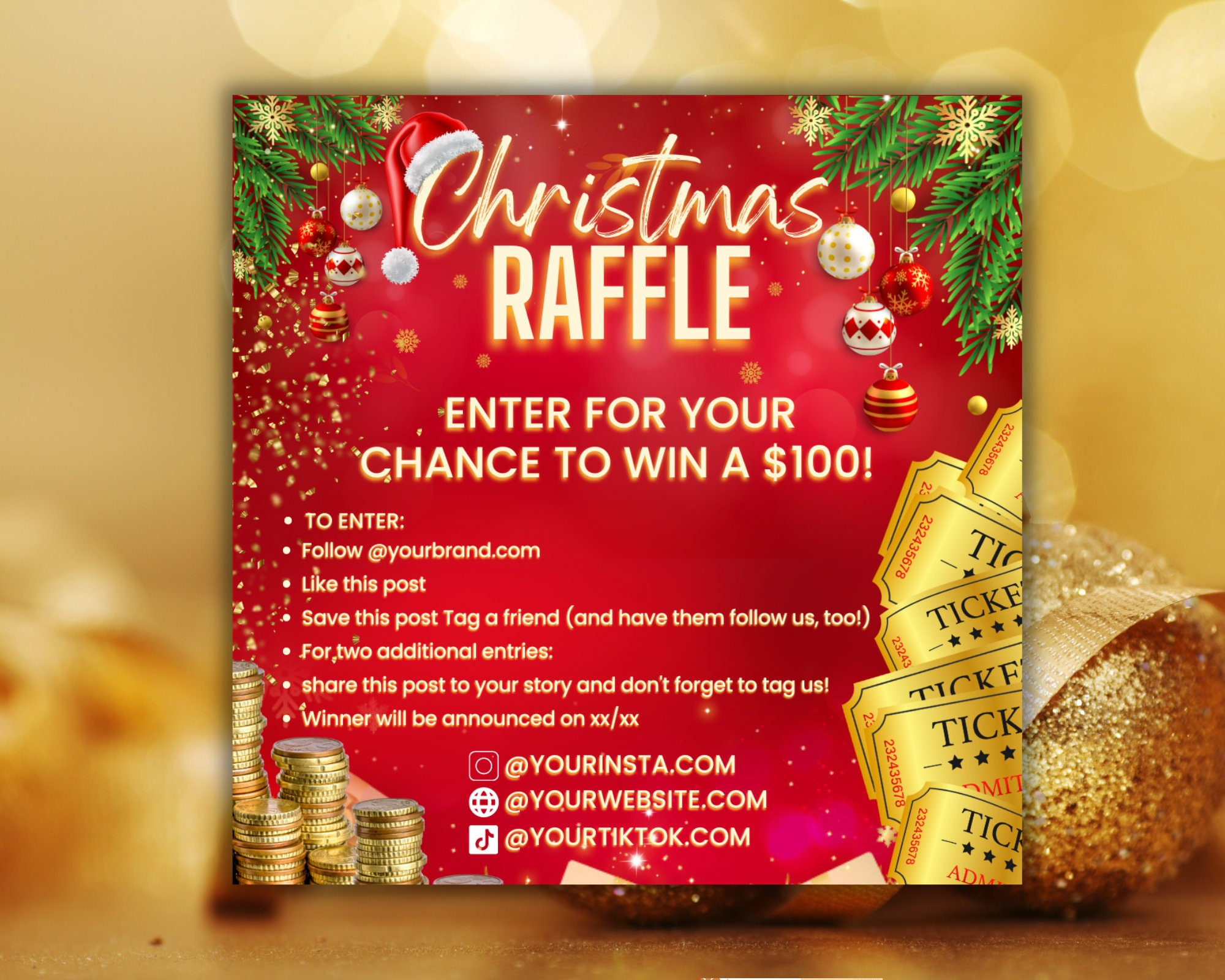 Christmas Raffle Giveaway,Raffle Ticket Template,Holiday Giveaway,Raffle  Template,Raffle Holiday Prize Giveaway, Raffle Ticket Poster in Christmas Raffle Flyer Template