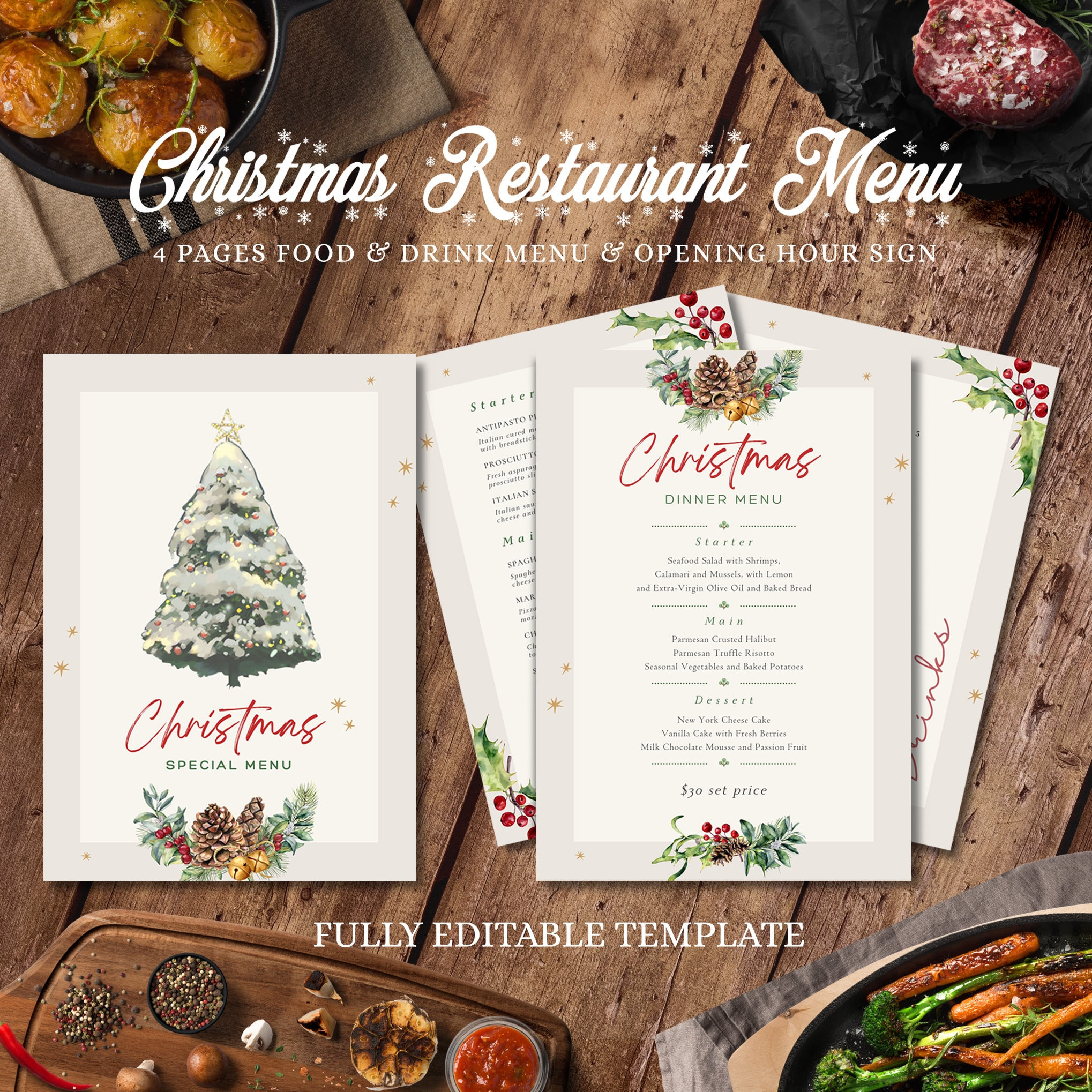 Christmas Restaurant Menu Template Bundle, Modern Restaurant Menu with Christmas Menu Design Template