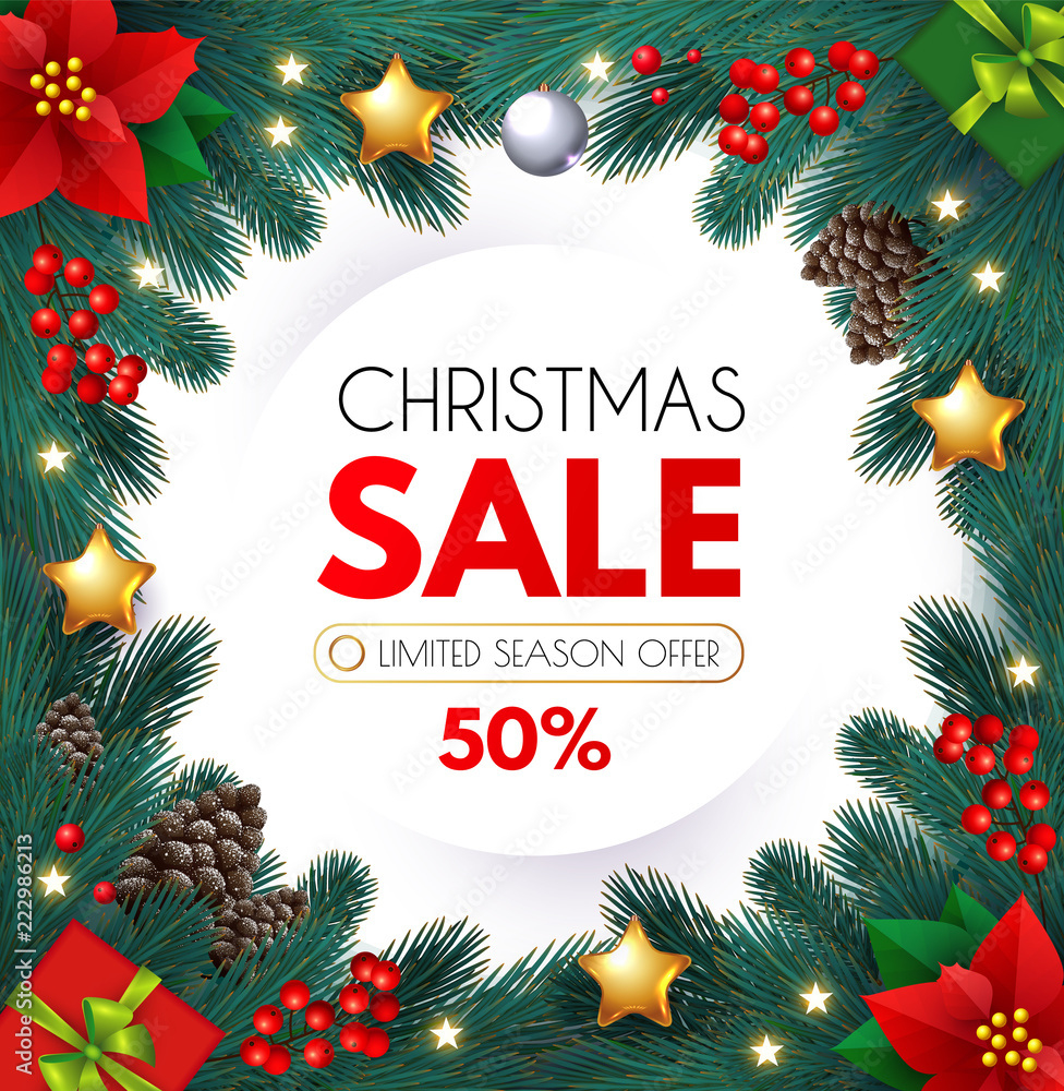 Christmas Sale Design Flyer Template With Fir Tree Branches, Stars pertaining to Christmas Sale Sign Template