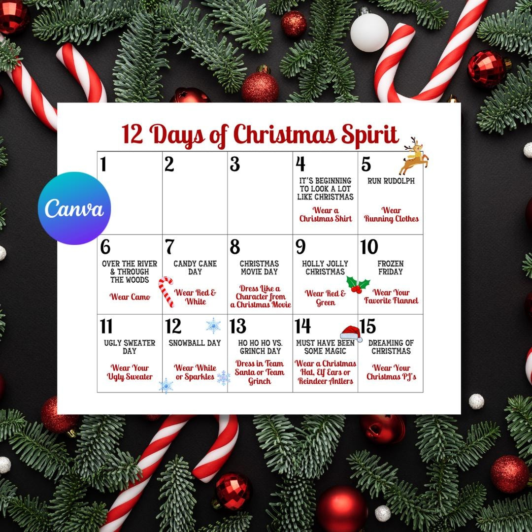 Christmas Spirit Calendar: 12 Days Of Holiday Dress-Up - Editable intended for Christmas Spirit Week Calendar Template