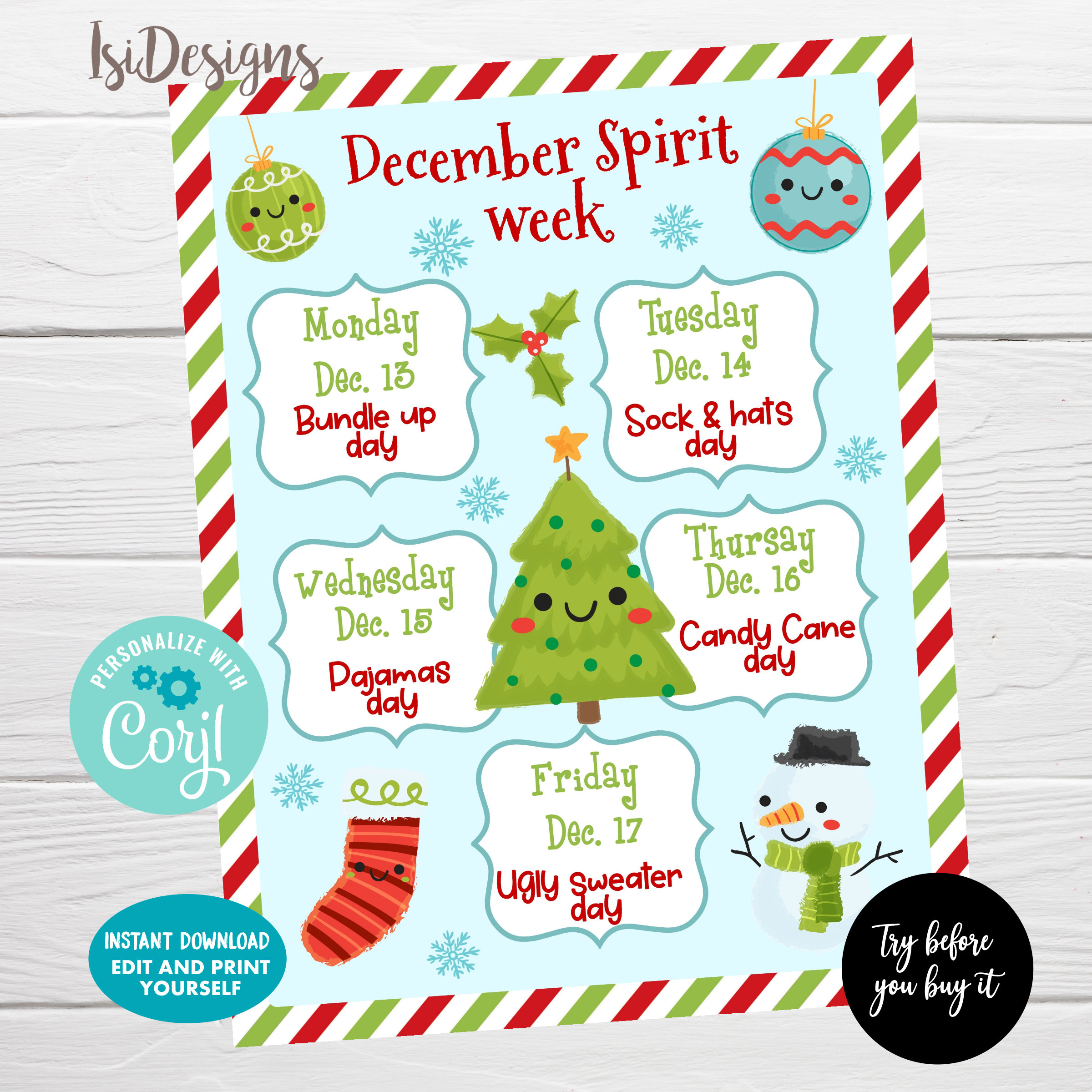 Christmas Spirit Week Planner, Editable Week Schedule, Winter in Christmas Spirit Week Calendar Template