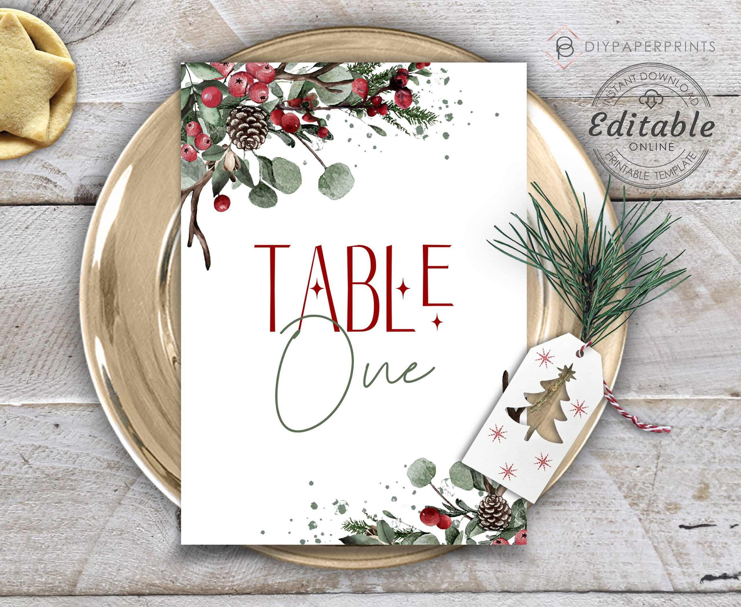 Christmas Table Number Template, Berry Foliage Design (Printable with regard to Christmas Table Number Template