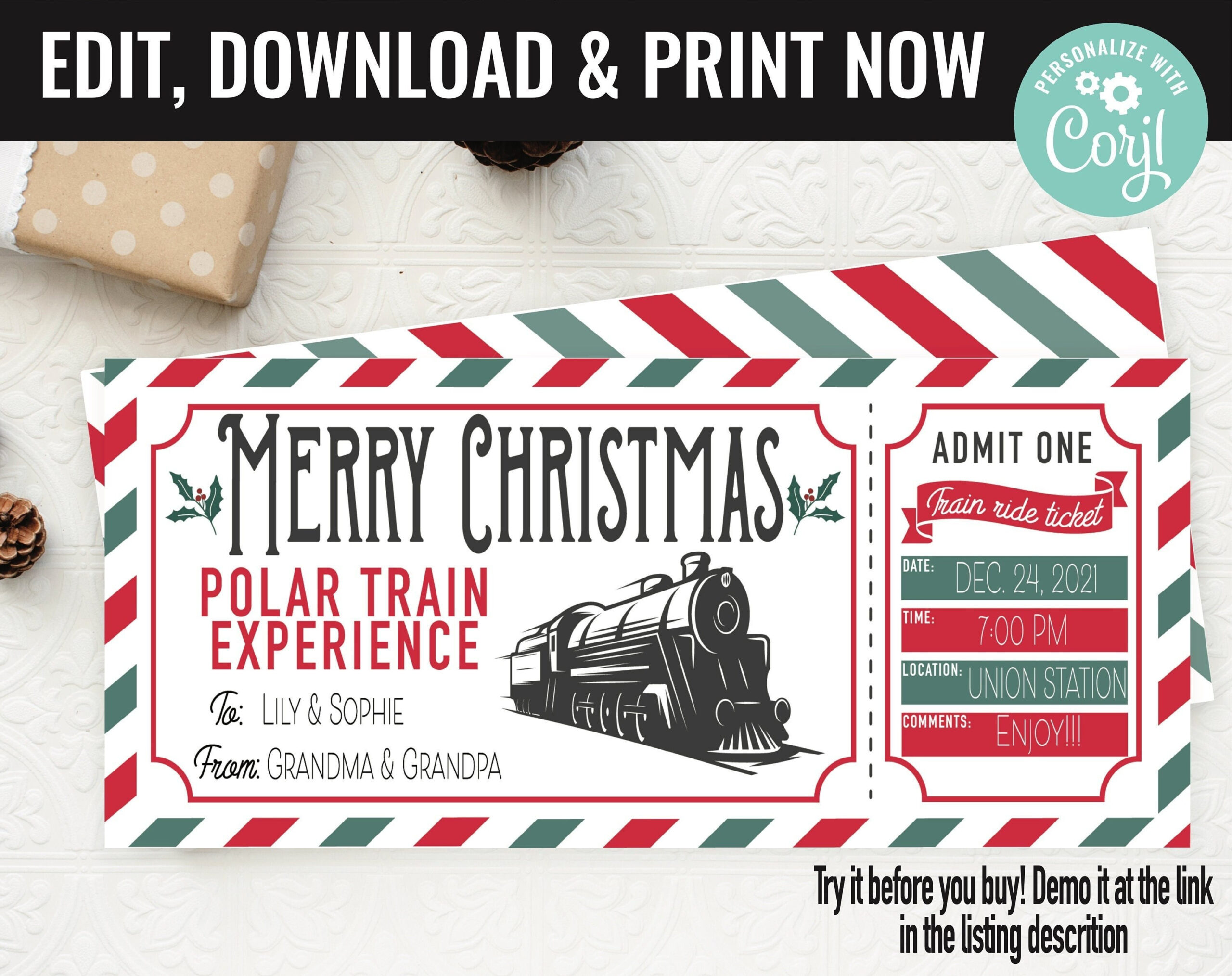 Christmas Train Ticket Surprise Gift Voucher, Boarding Pass Train with regard to Christmas Train Ticket Template