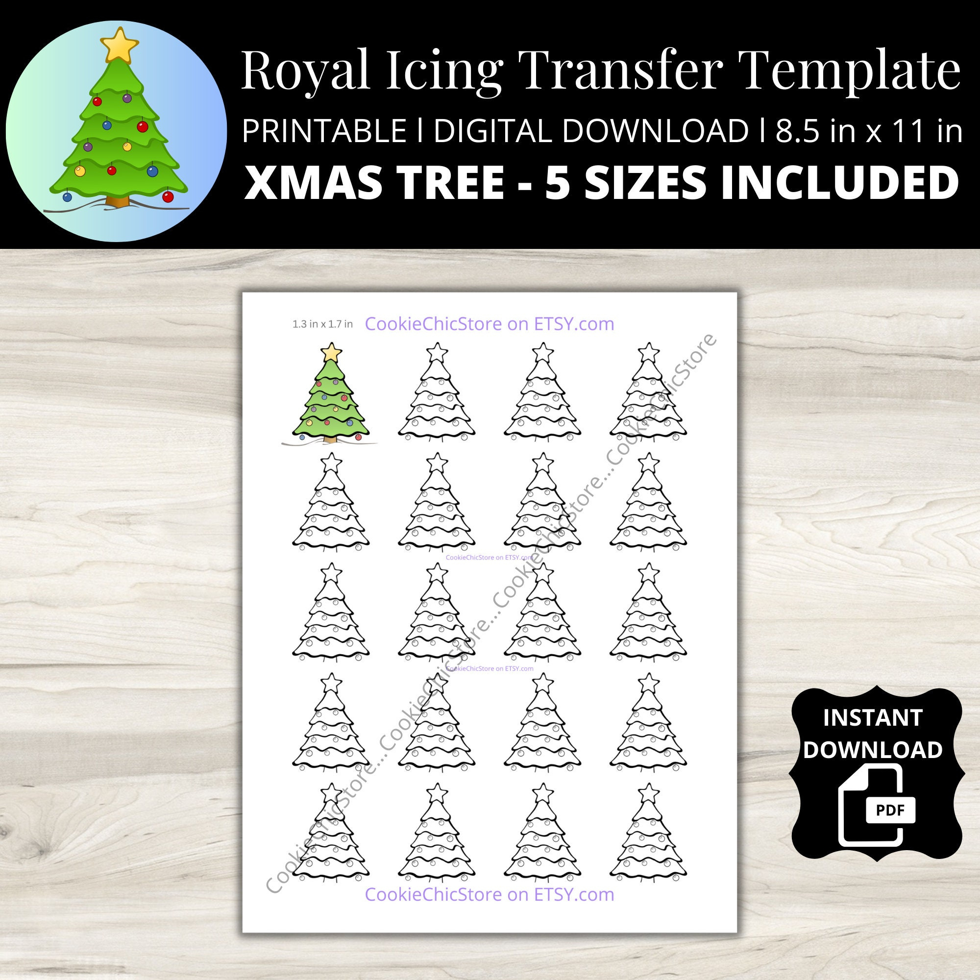 Christmas Tree Royal Icing Transfer Sheet, Christmas Tree Template for Christmas Royal Icing Template
