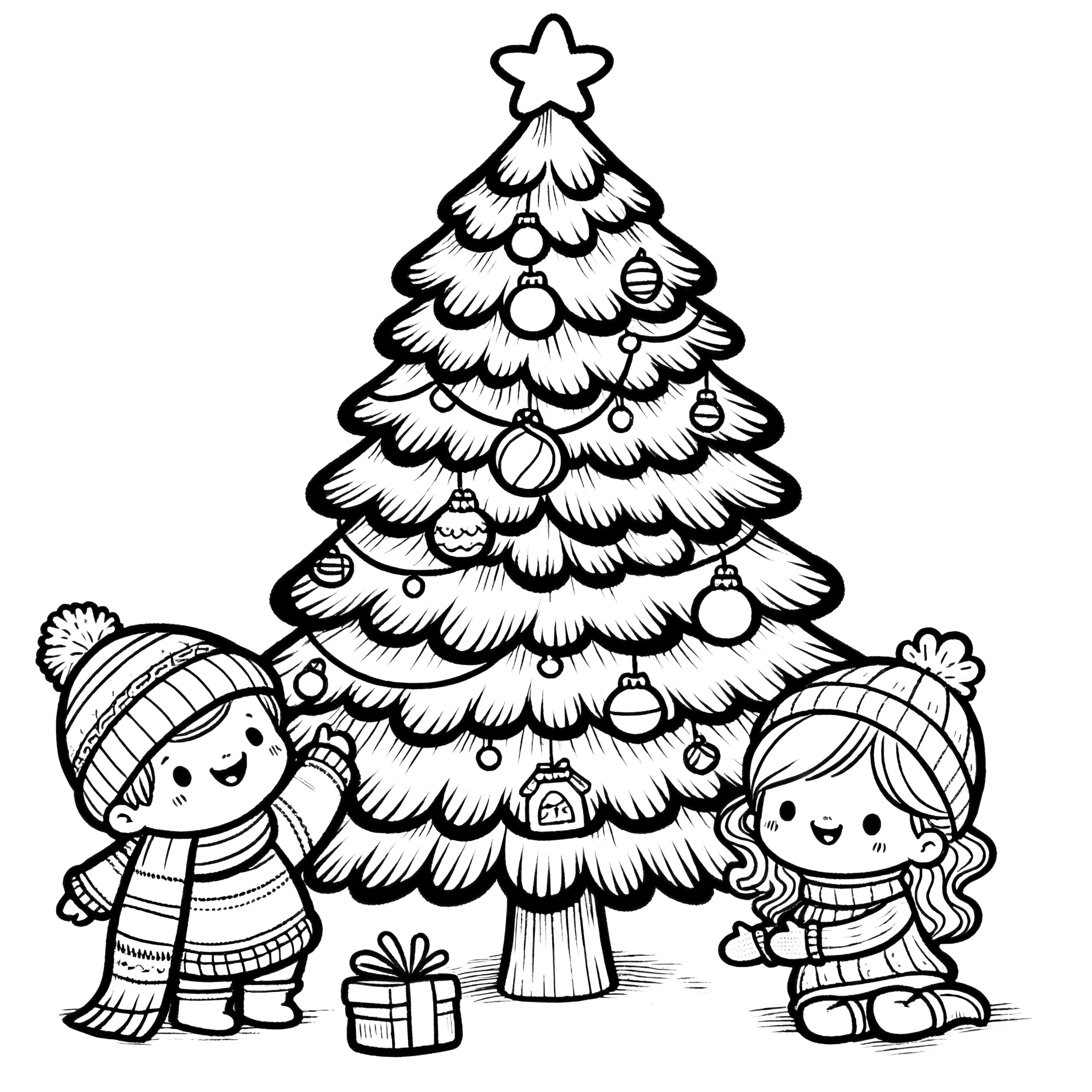 Christmas Tree With Two Children: Free Coloring Page with Christmas Template To Color