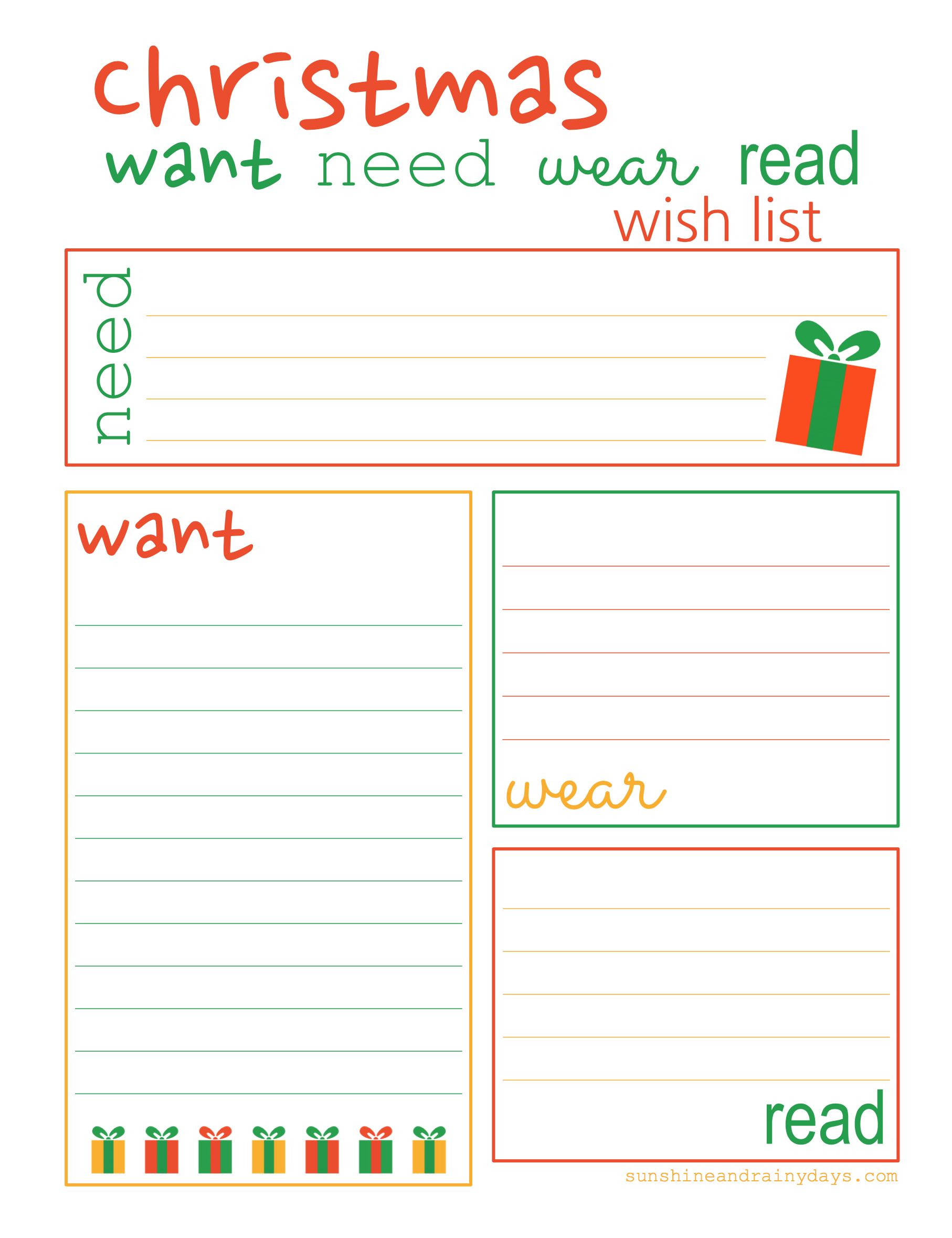 Christmas Want, Need, Wear, Read Shopping And Wish List for Christmas List Template Want Need Wear Read