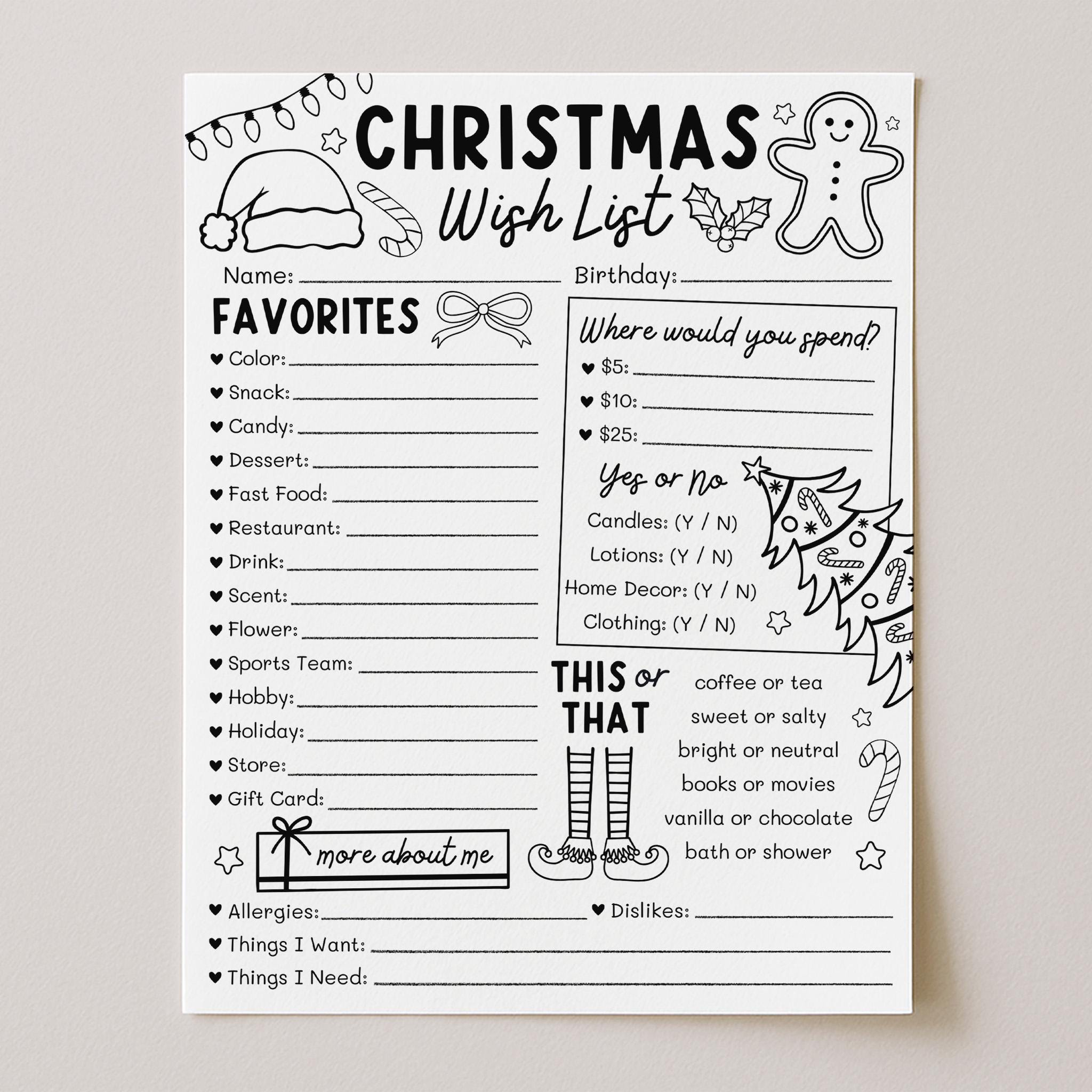Christmas Wish List Printable, Coworker Secret Santa Survey in Christmas List Template Black and White