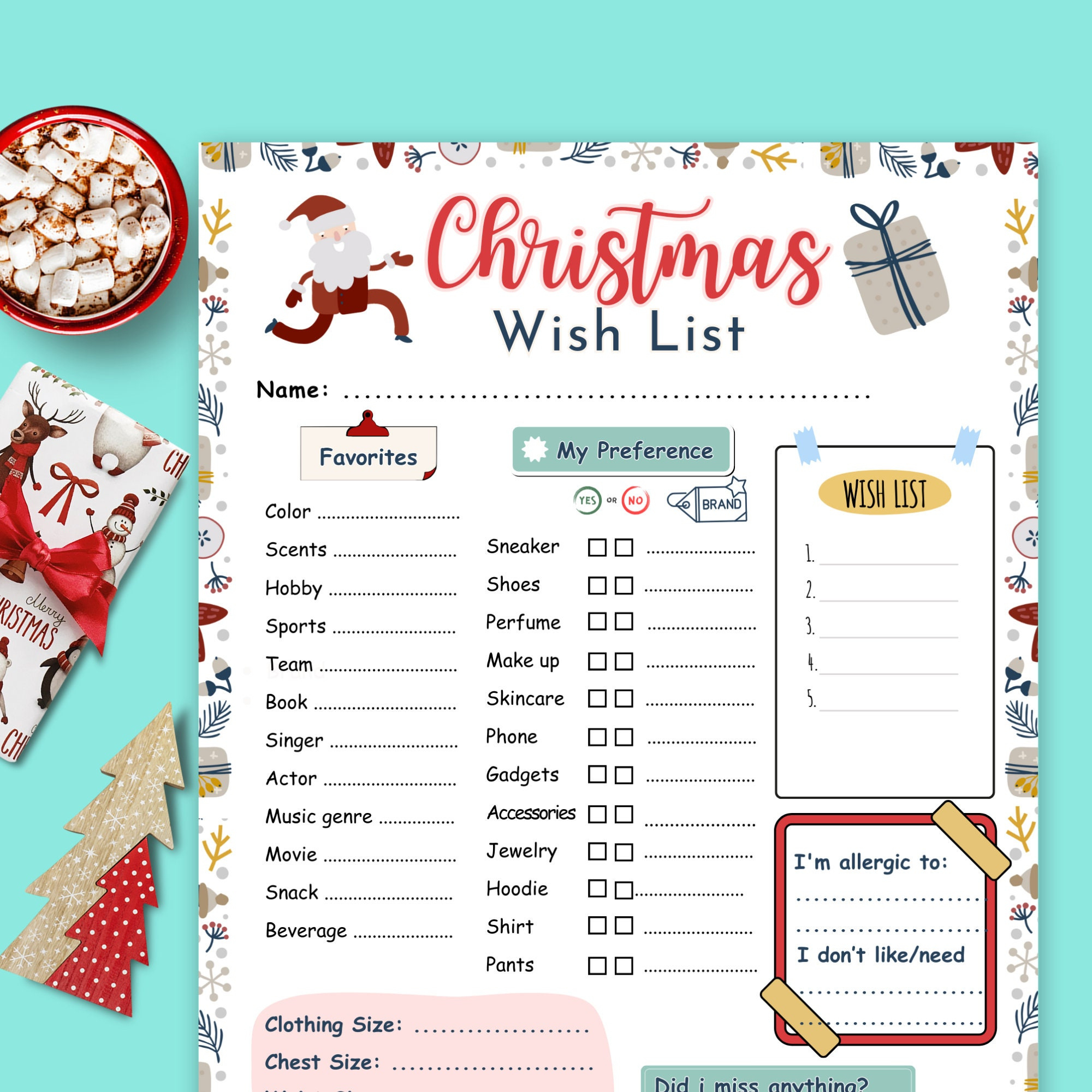 Christmas Wish List, Teen Christmas List Template, Aesthetic Xmas Wishlist,  Christmas Holiday Gift Exchange Questionnaire, Cute Letter Santa inside Christmas List Template For Teens