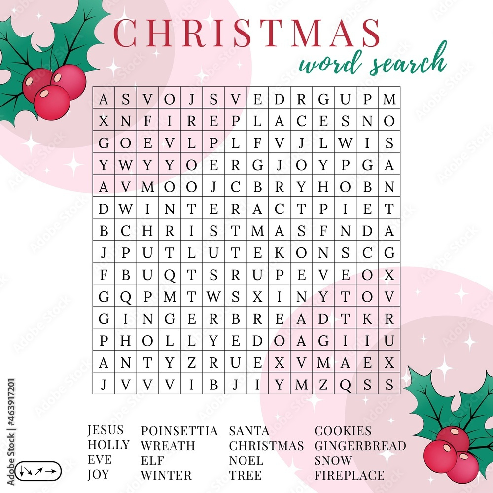 Christmas Word Search Puzzle. Fun Colorful Printable Activity with Christmas Search Template