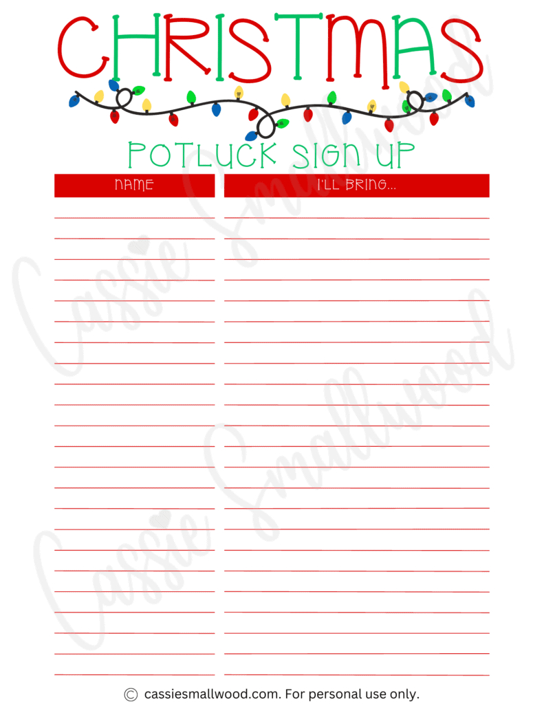 Cute Christmas Potluck Sign Up Sheets - Cassie Smallwood within Christmas Party Sign Up Sheet Template Free Printable