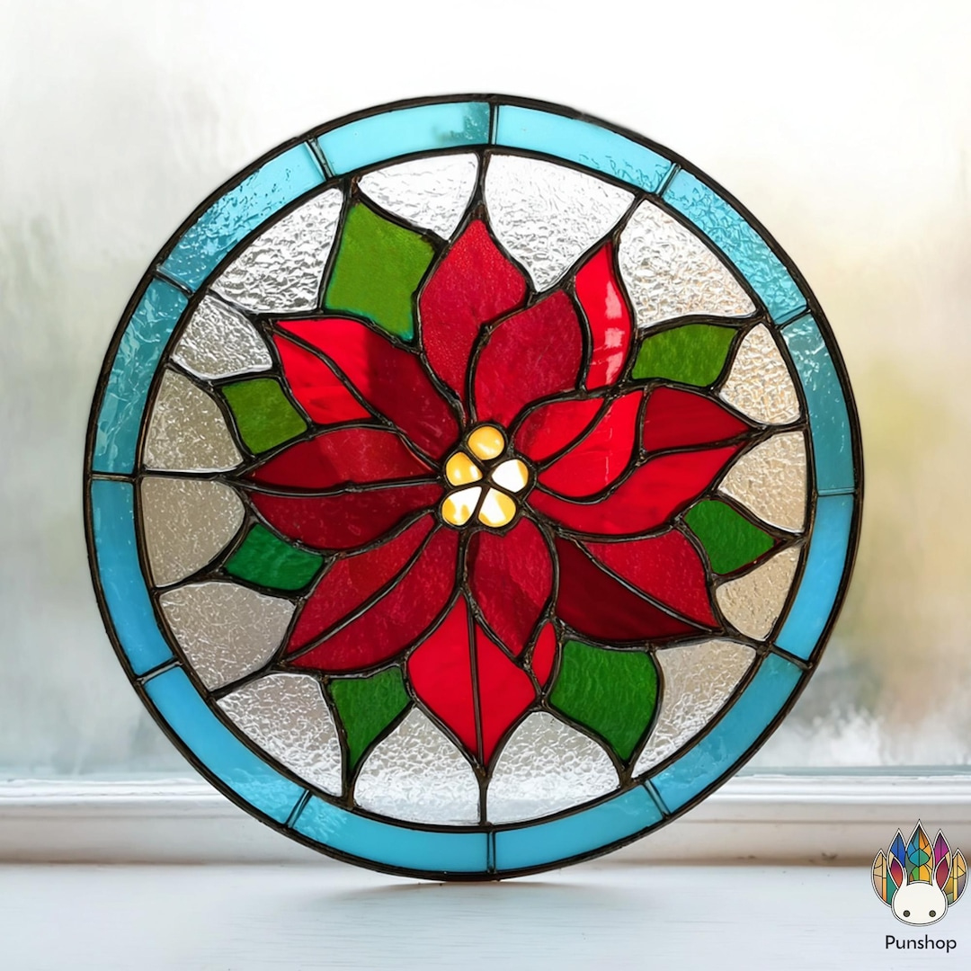 Digital Download Npun500 Stained Glass Pattern -Poinsettia inside Christmas Stained Glass Window Craft Template