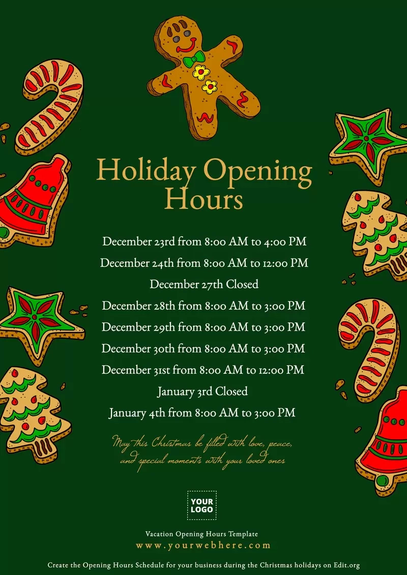 Edit Store Holiday Schedule Templates throughout Christmas Opening Hours Template Free