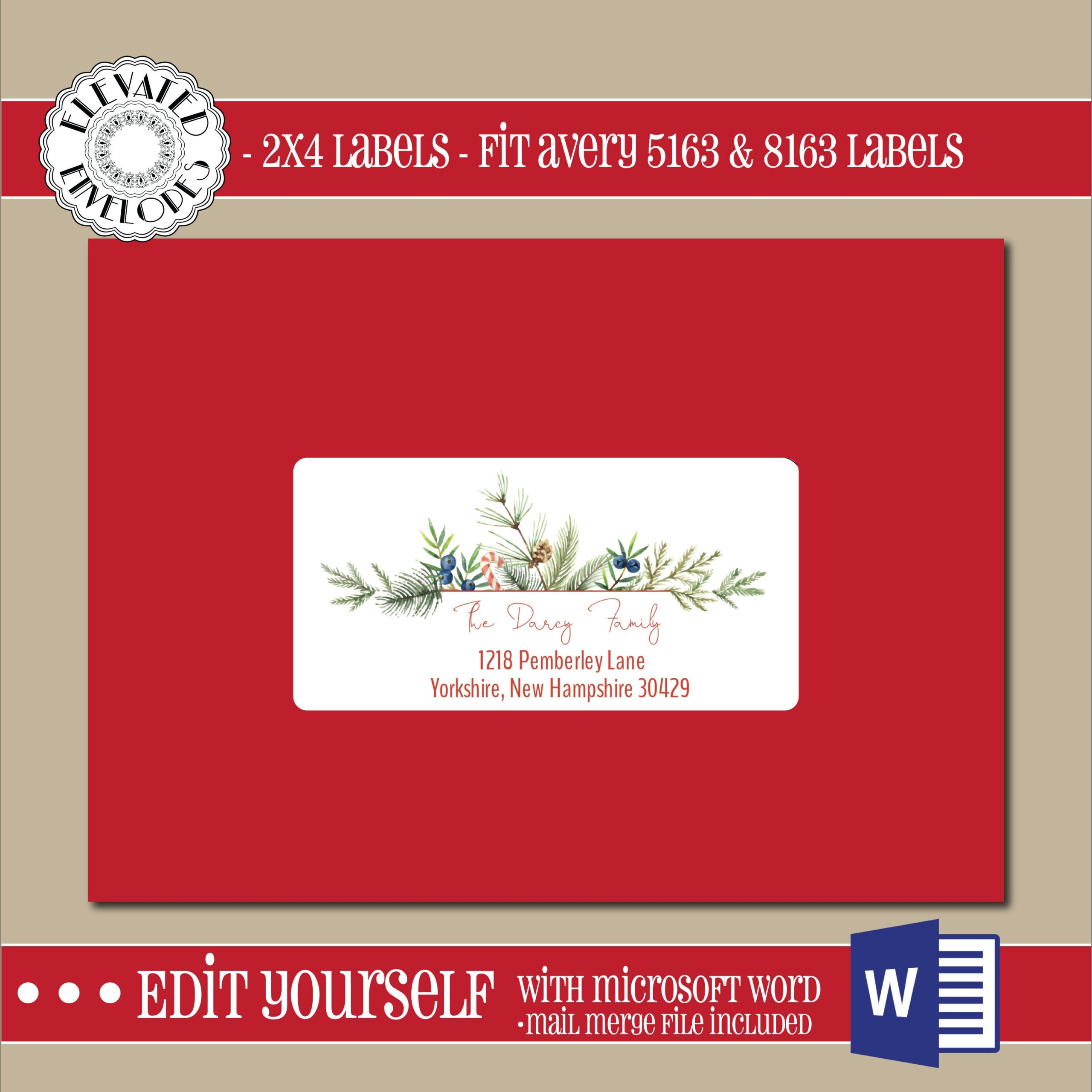 Editable Christmas Address Label Template,2X4 Address Label, Card with Christmas Mailing Label Template