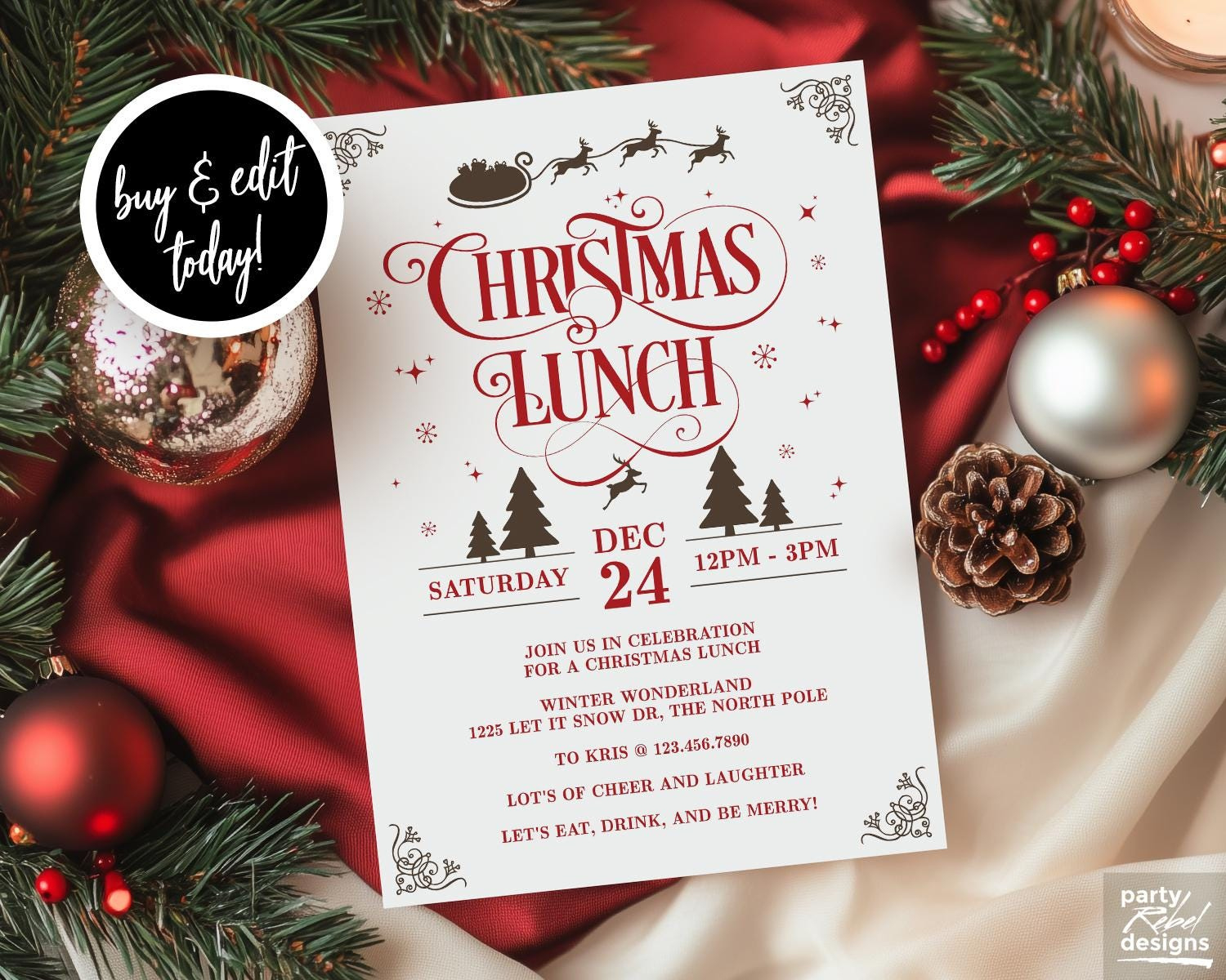 Editable Christmas Lunch Invitation, Seasonal Vintage Festive inside Christmas Luncheon Invite Template