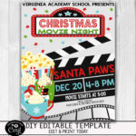 Editable Christmas Movie Night Flyer Invitation, Kid School Family In Christmas Movie Night Template