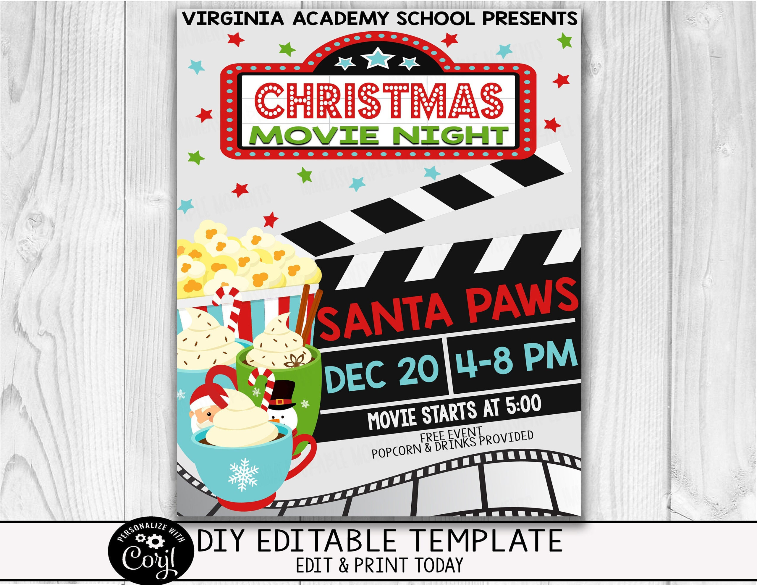 Editable Christmas Movie Night Flyer Invitation, Kid School Family in Christmas Movie Night Template