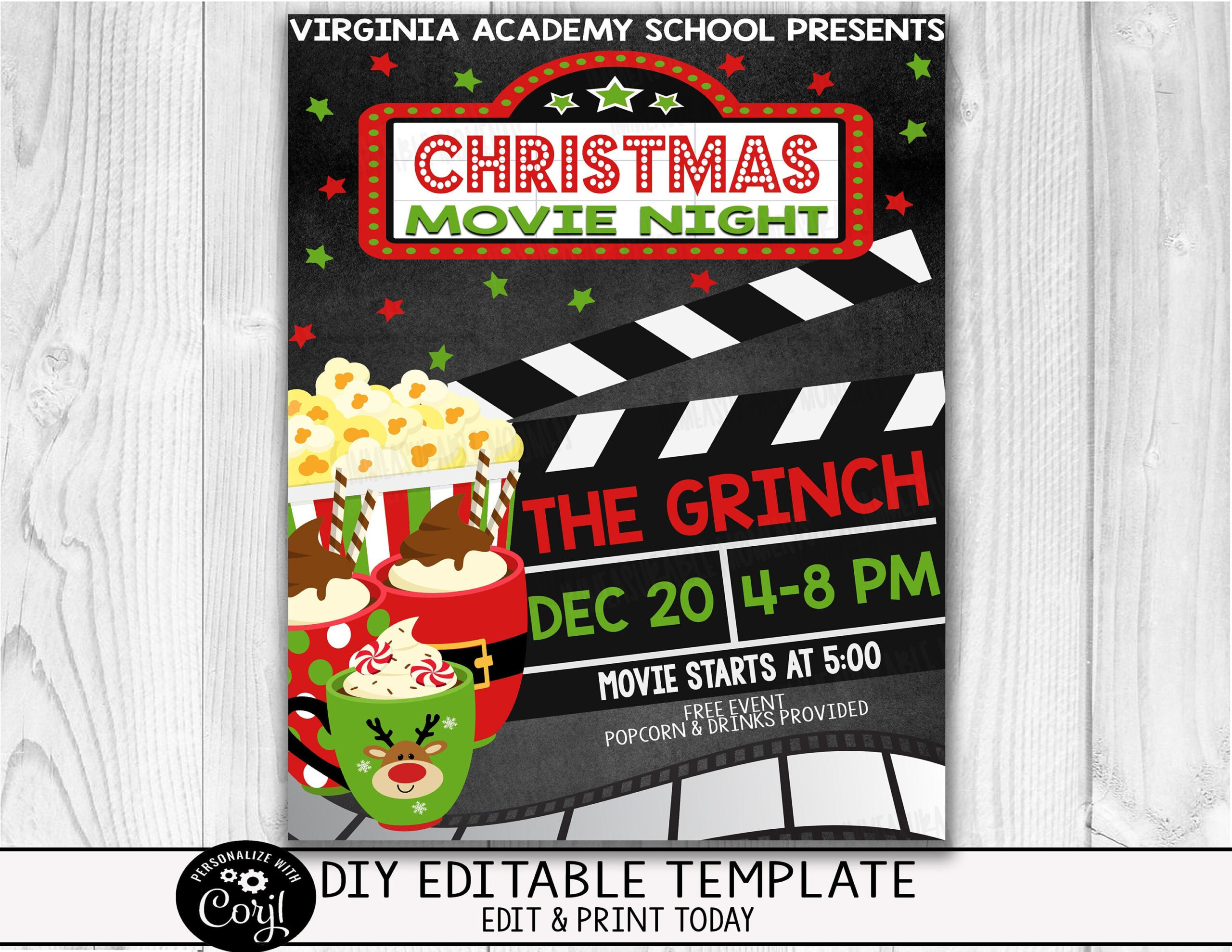 Editable Christmas Movie Night Flyer Invitation, Kid School Family throughout Christmas Movie Night Template