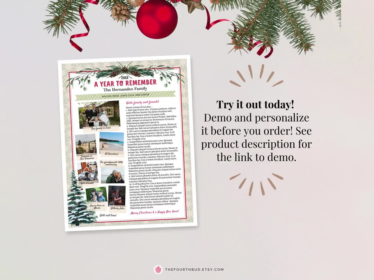 Editable Christmas Newsletter Template With Photos - A Year To Remember  Family Year End Review (Us Letter, Corjl, A) within Christmas Themed Newsletter Template