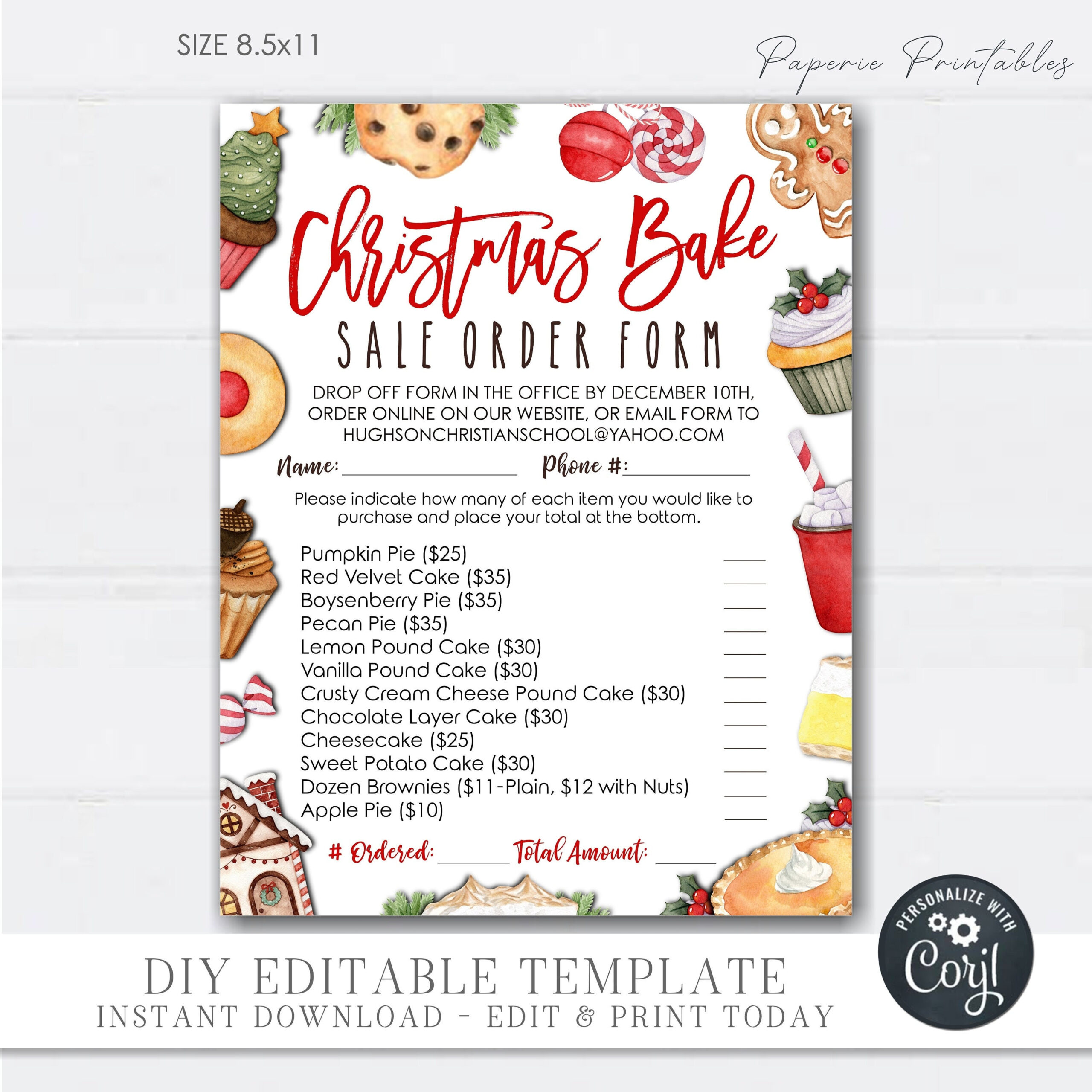 Editable Christmas Pie Sale Order Form, Christmas Bake Sale Order for Christmas Order Form Template