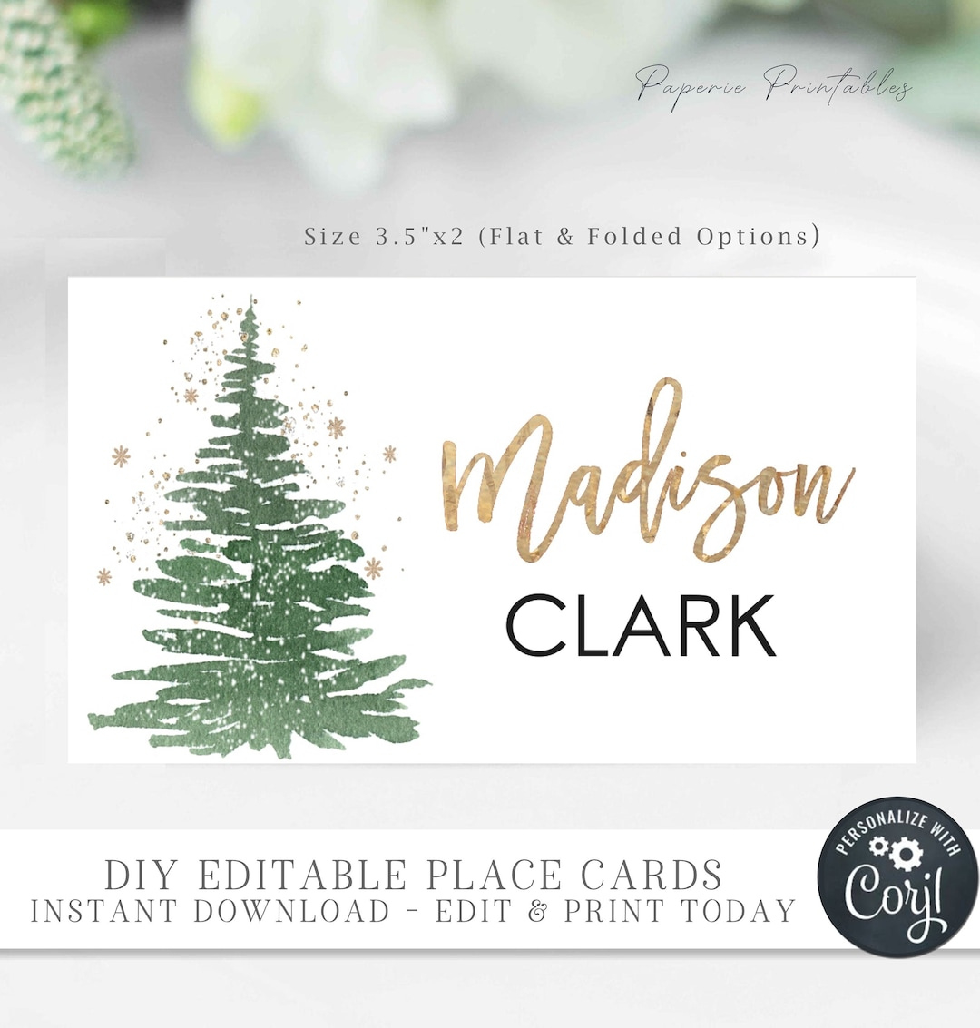 Editable Christmas Place Cards: Gold Foil Script (Diy Corjl) #Cp53 in Christmas Place Card Template