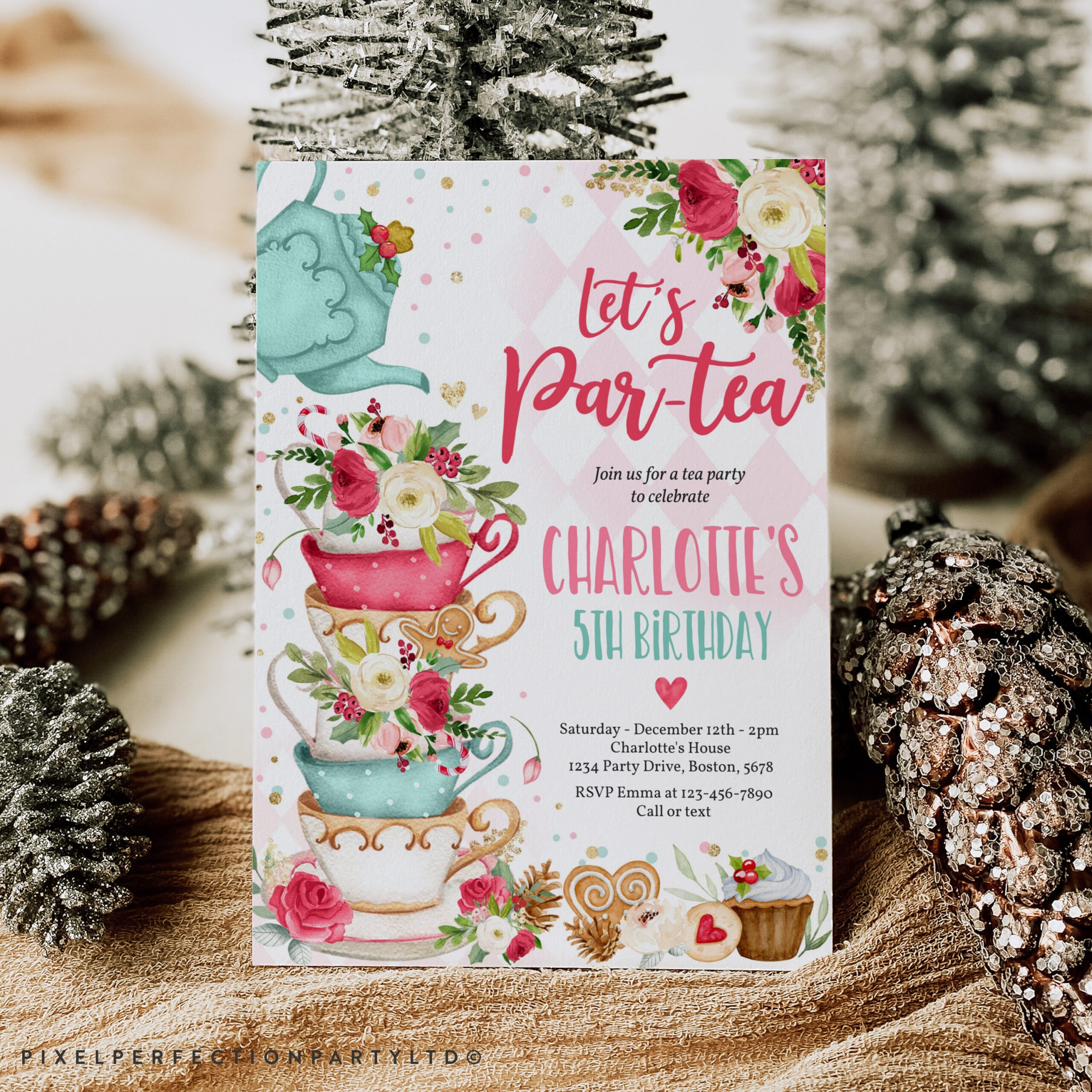 Editable Christmas Tea Party Birthday Party Invitation Pink Red inside Christmas Tea Party Invitation Template
