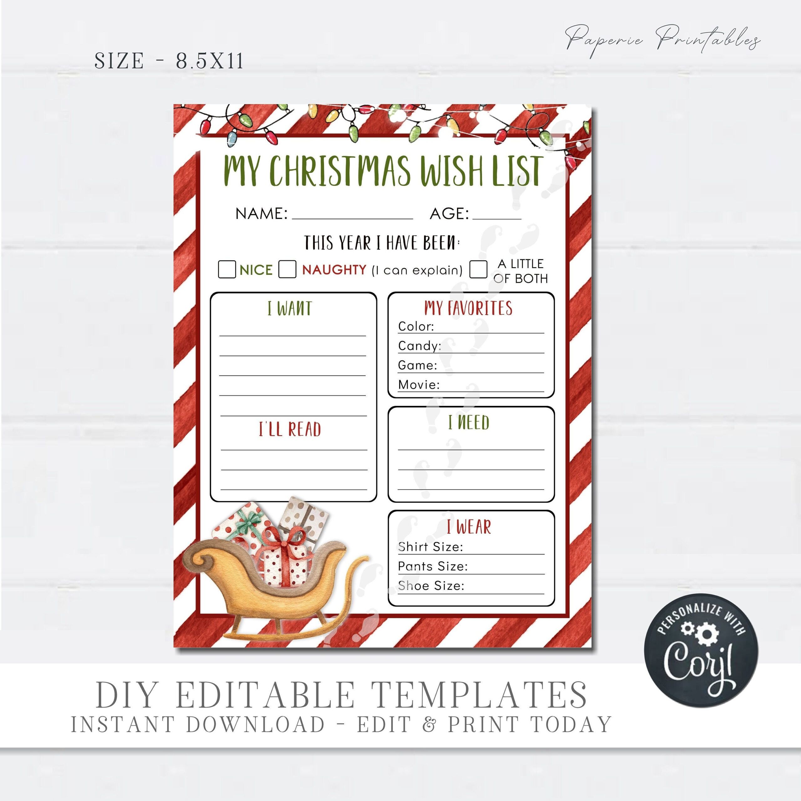 Editable Christmas Wish List For Kids (Digital Download) - Etsy.de regarding Christmas List Template Aesthetic