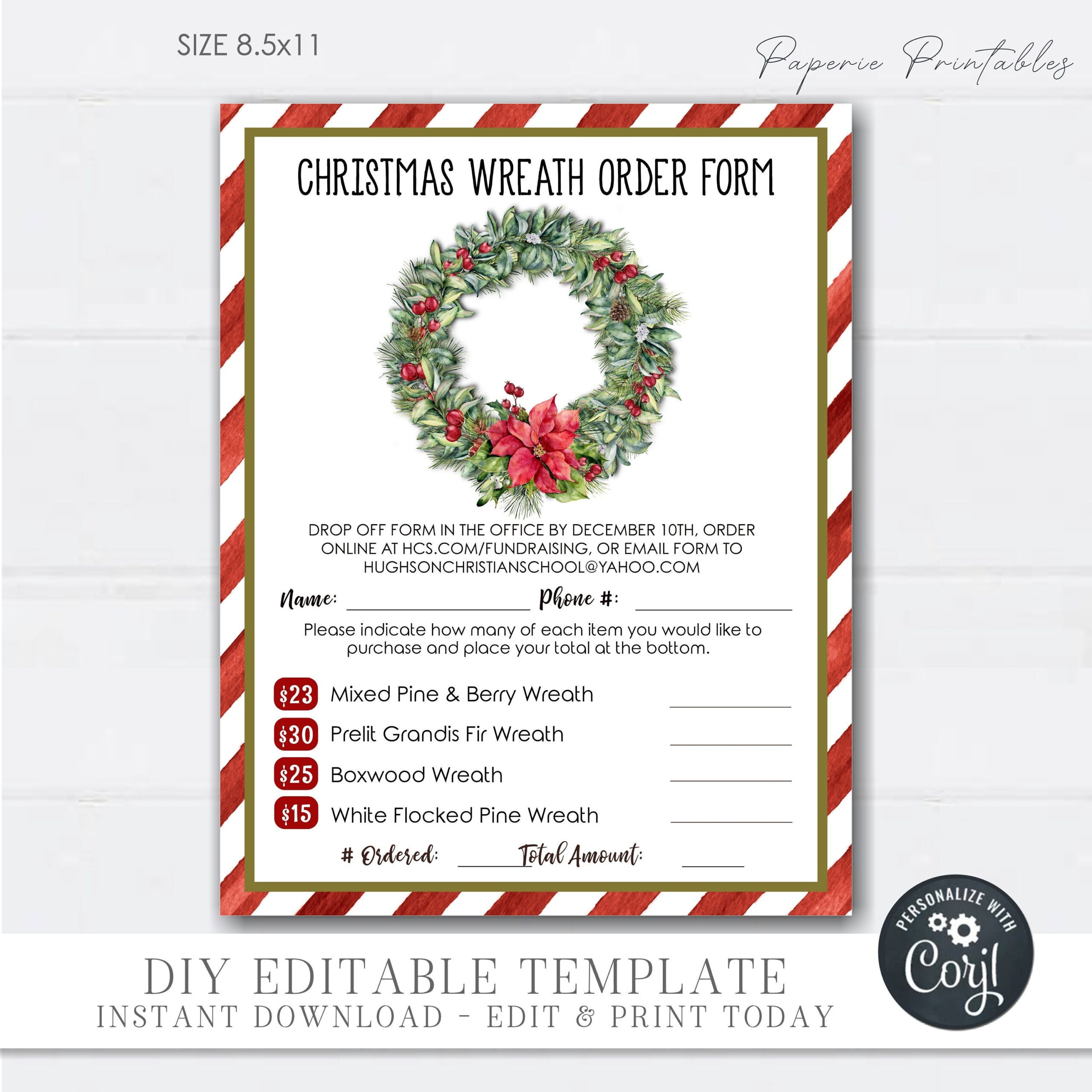 Editable Christmas Wreath Fundraising Order Form (Diy Corjl) #Cf26 inside Christmas Order Form Template