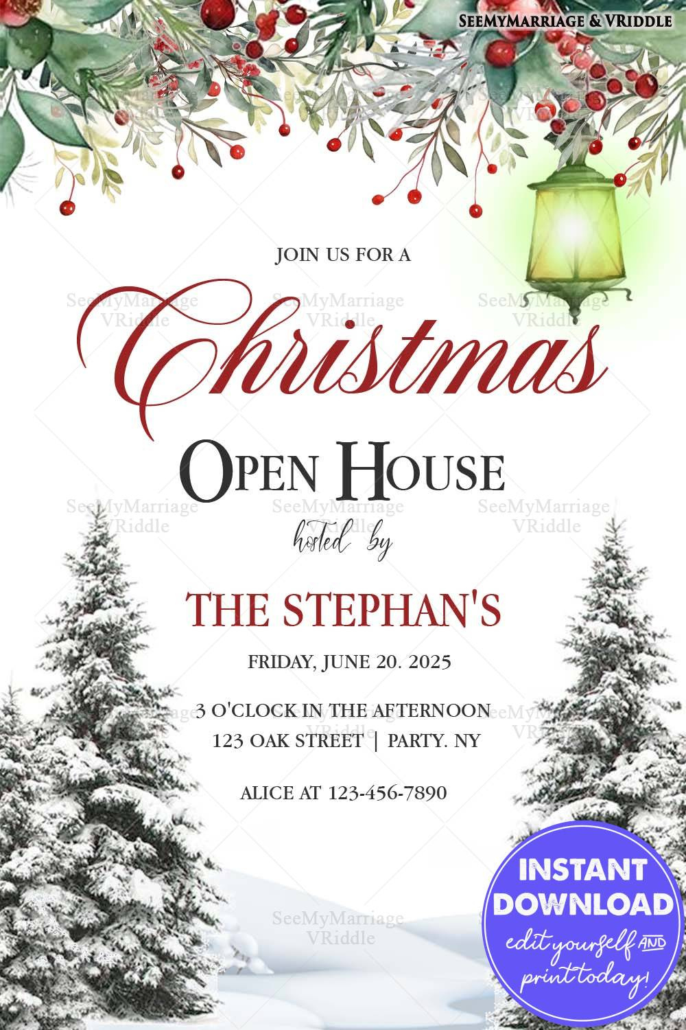 Elegant Christmas Open House Invitation With Snowy Trees And within Christmas Open House Invitations Template
