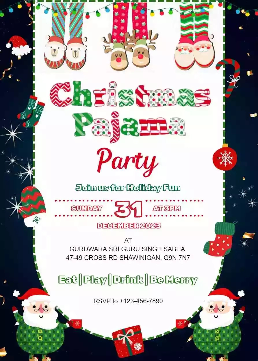 𝐂𝐡𝐫𝐢𝐬𝐭𝐦𝐚𝐬 𝐏𝐚𝐣𝐚𝐦𝐚 𝐏𝐚𝐫𝐭𝐲 𝐈𝐧𝐯𝐢𝐭𝐚𝐭𝐢𝐨𝐧 in Christmas Pajama Party Invitation Template Free