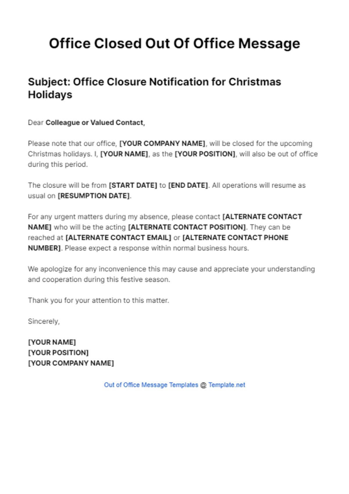 Free Office Closed Out Of Office Message Template To Edit Online with regard to Christmas Out of Office Email Template
