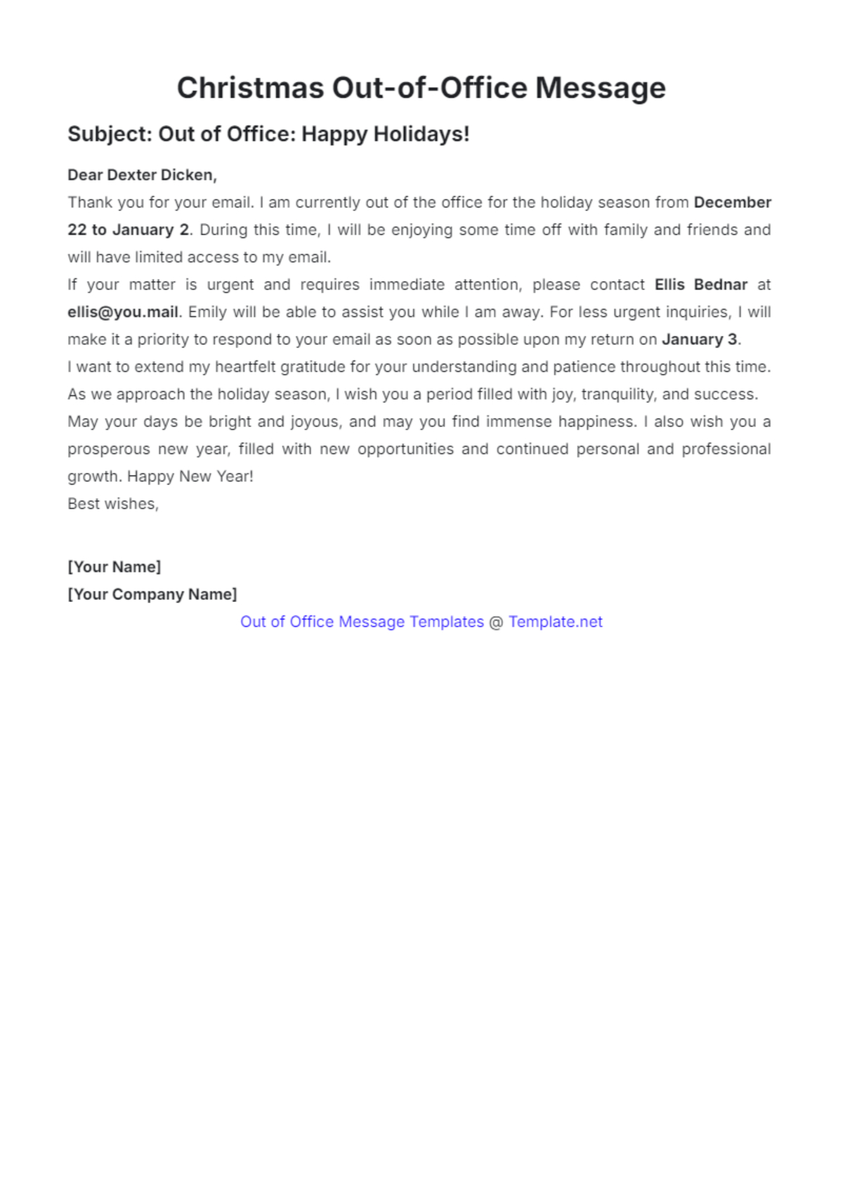 Free Out Of Office Message Templates To Edit Online &amp;amp; Print regarding Christmas Out Of Office Template