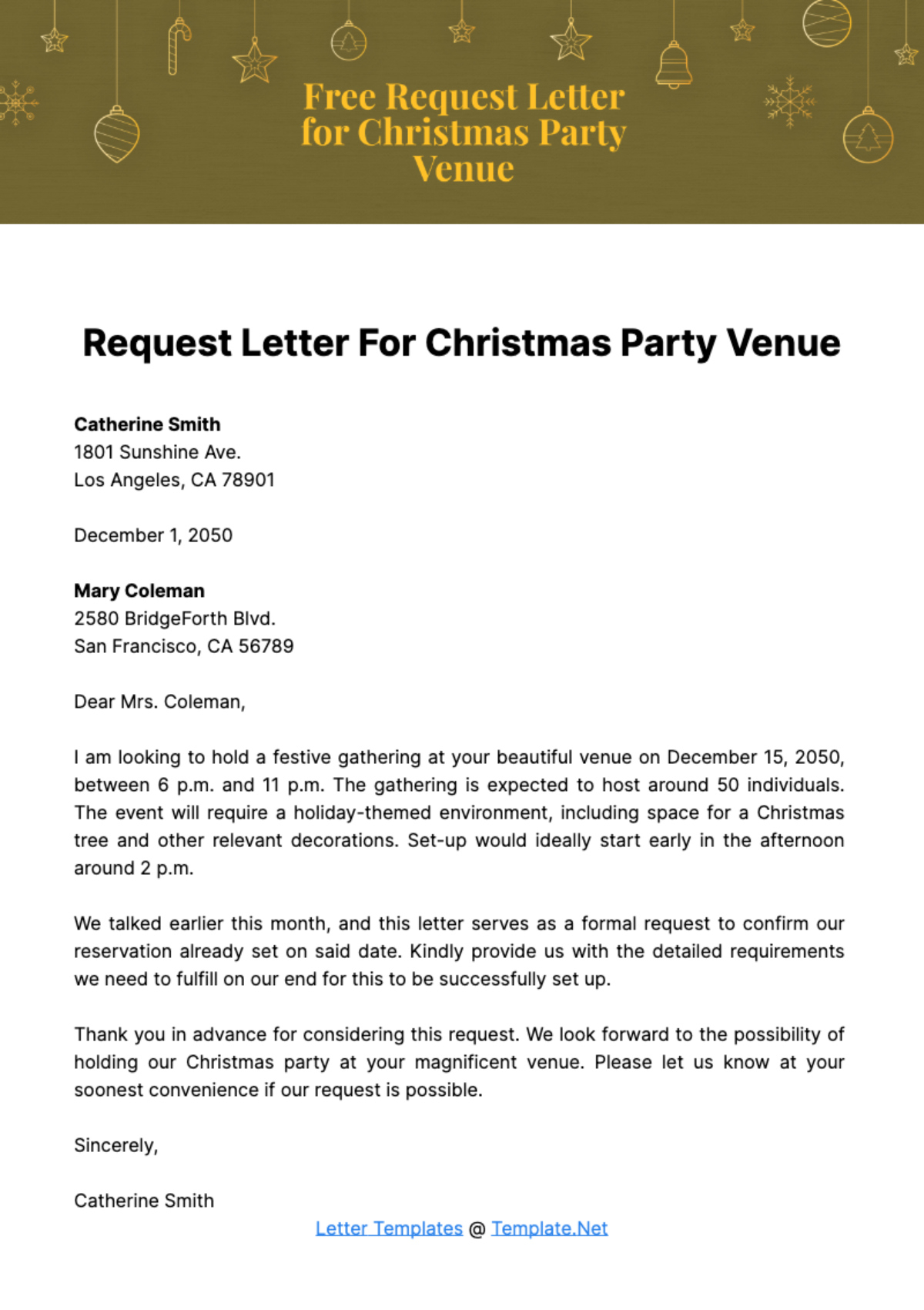 Free Request Letter For Christmas Party Venue Template To Edit Online throughout Christmas Party Proposal Template