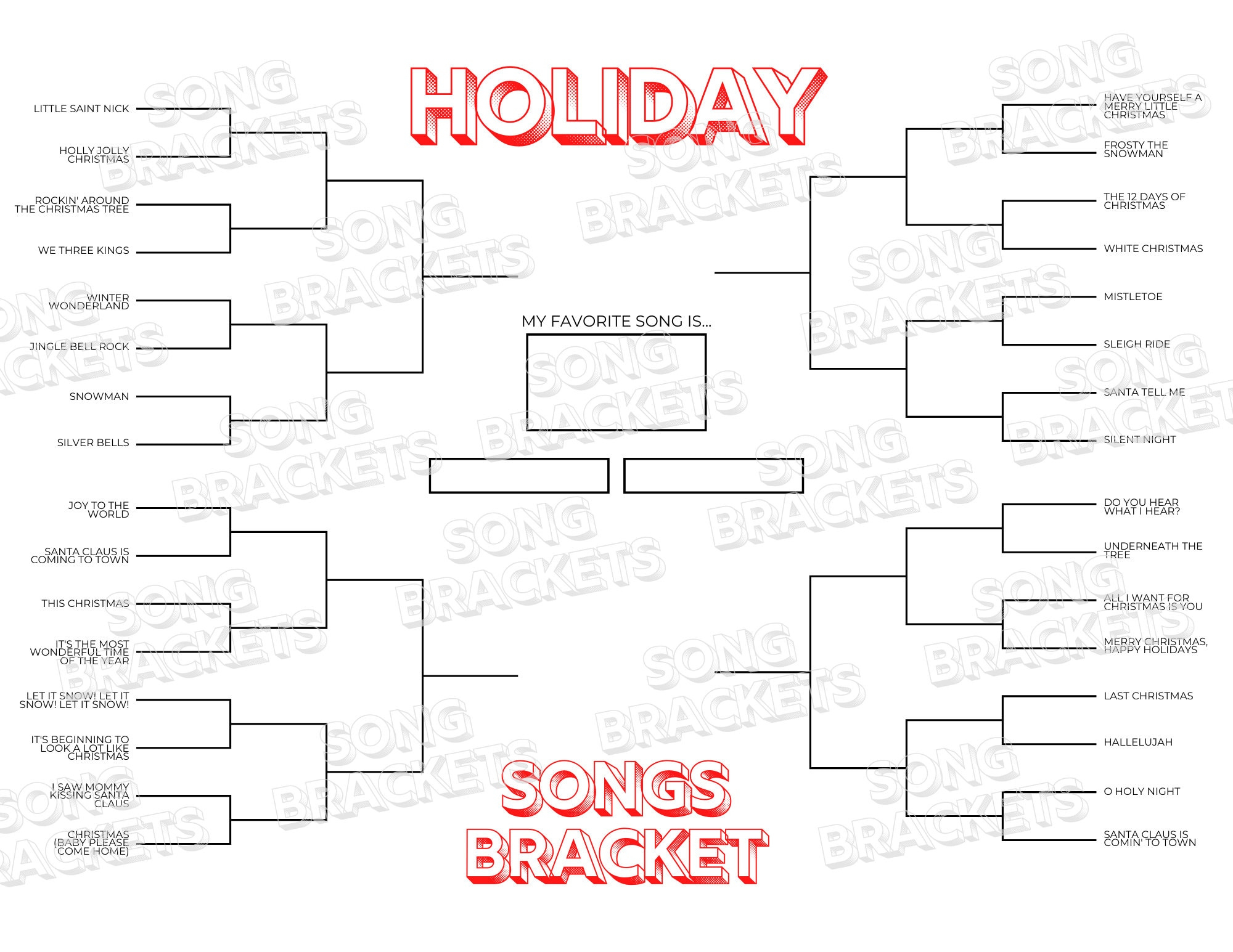 Holiday Christmas Song Bracket | Favorite Song Christmas Holiday Template  Activity Printable for Christmas Movie Bracket Template