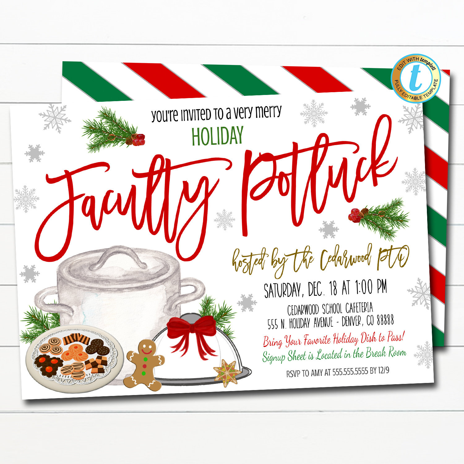 Holiday Faculty Potluck Invitation, Christmas Event Invite, School with regard to Christmas Potluck Invitation Template