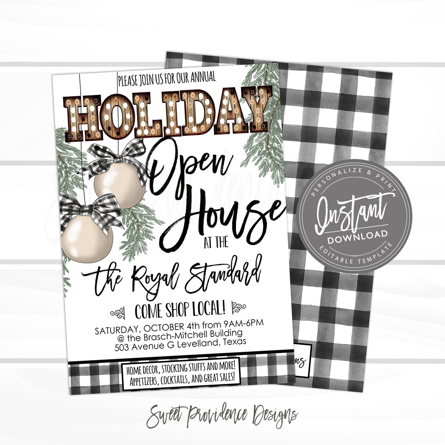 Holiday Flyer, Editable Ornament Open House Boutique Invite, Small in Christmas Open House Flyer Template