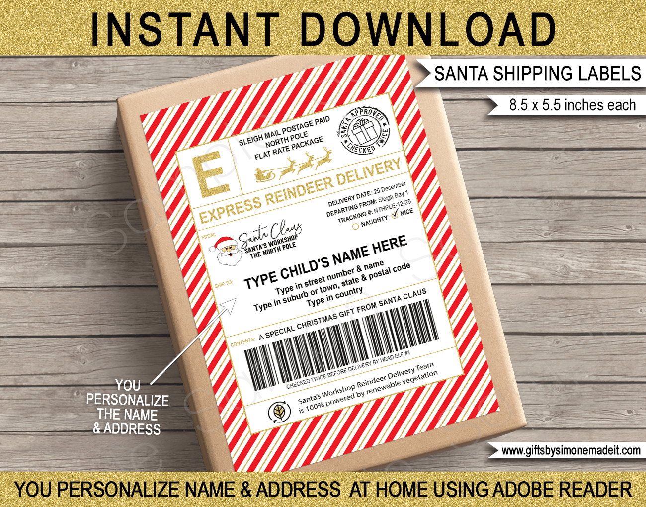 Large Santa Mail Shipping Labels (Usps Style) - Red &amp;amp; Gold intended for Christmas Shipping Label Template