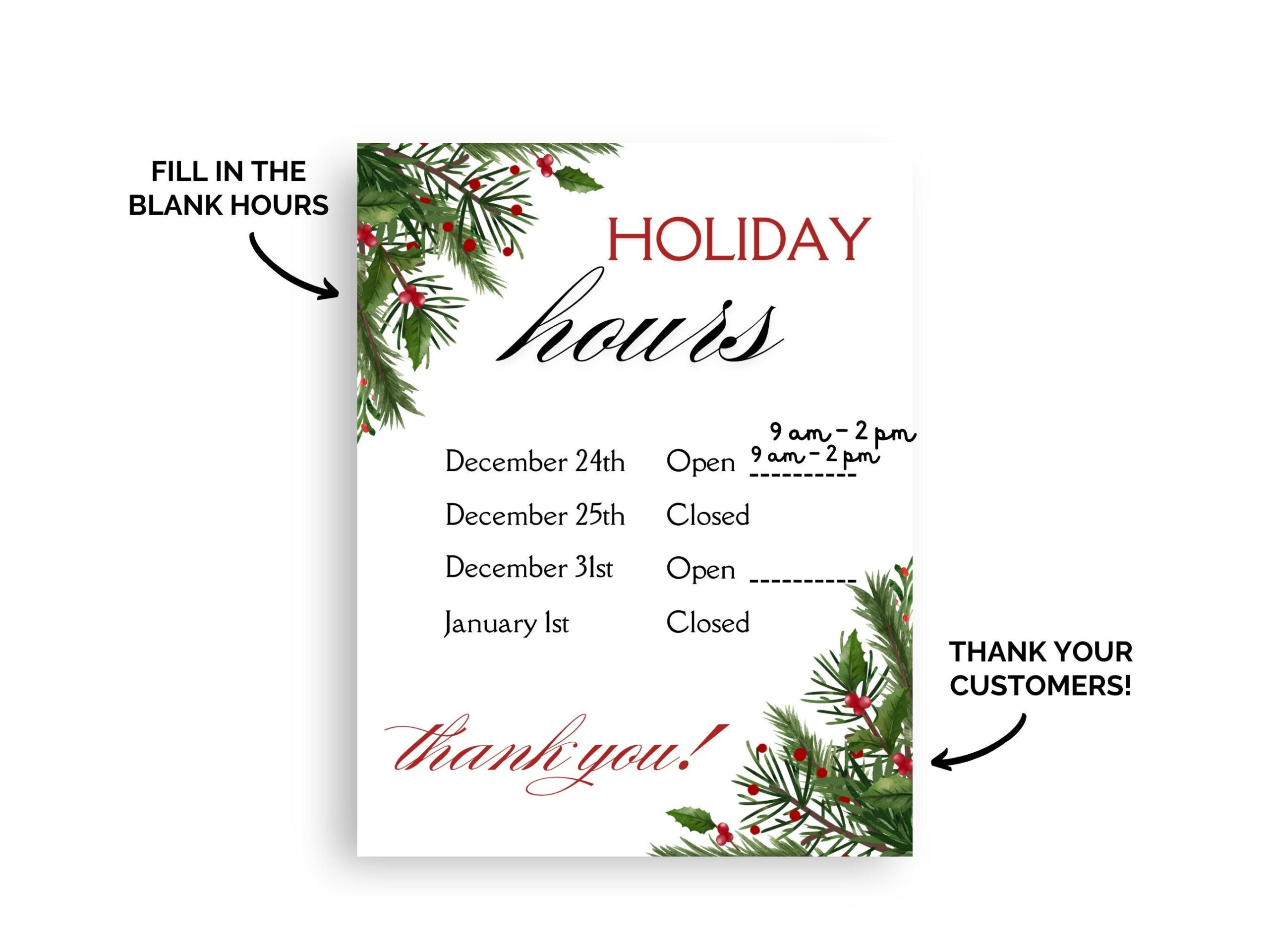 Printable Business Hours Sign Holiday Hours Notice Corporate inside Christmas Opening Hours Blank Template