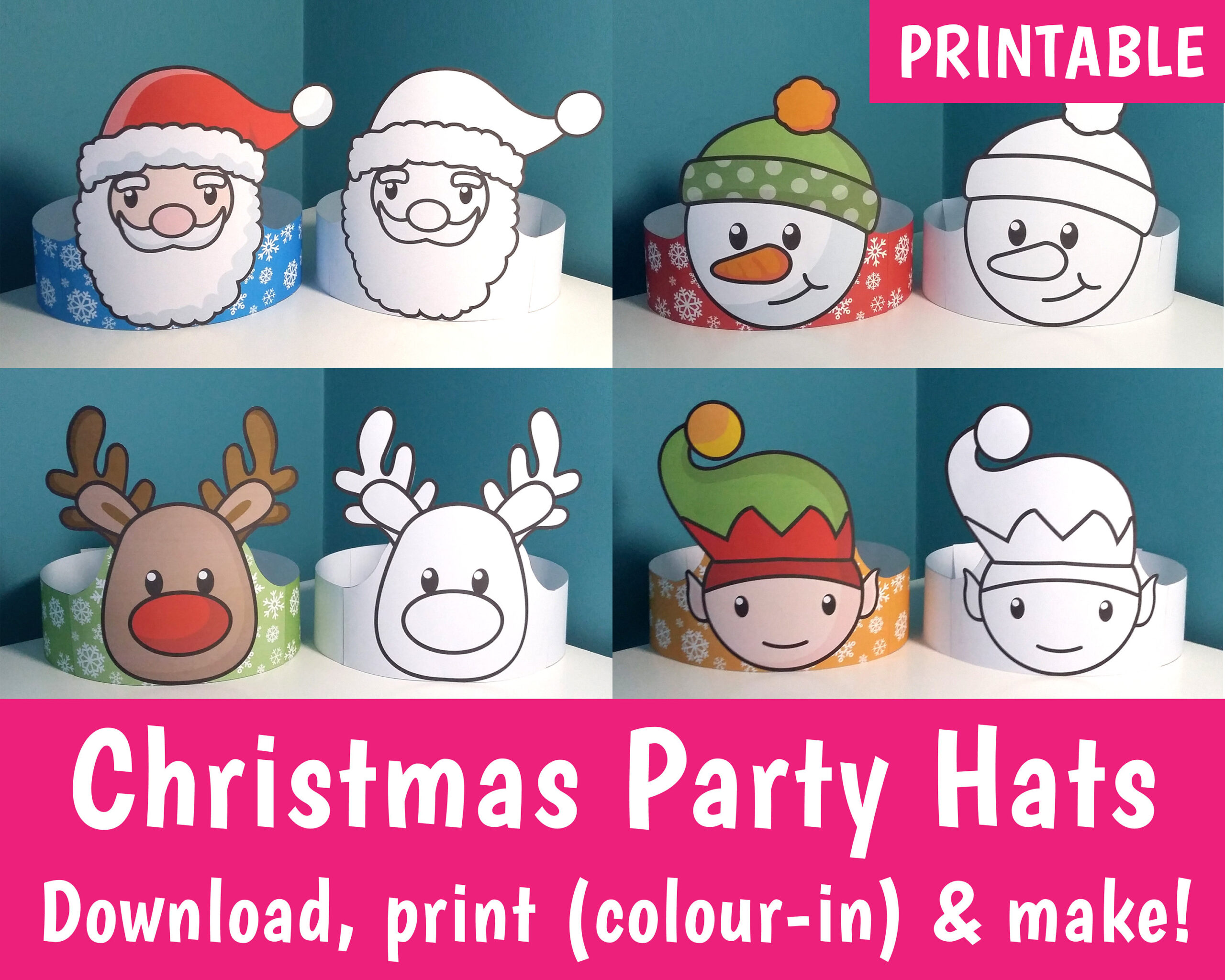 Printable Christmas Party Hats, Includes Full Colour &amp;amp; Colour-In for Christmas Party Hat Template