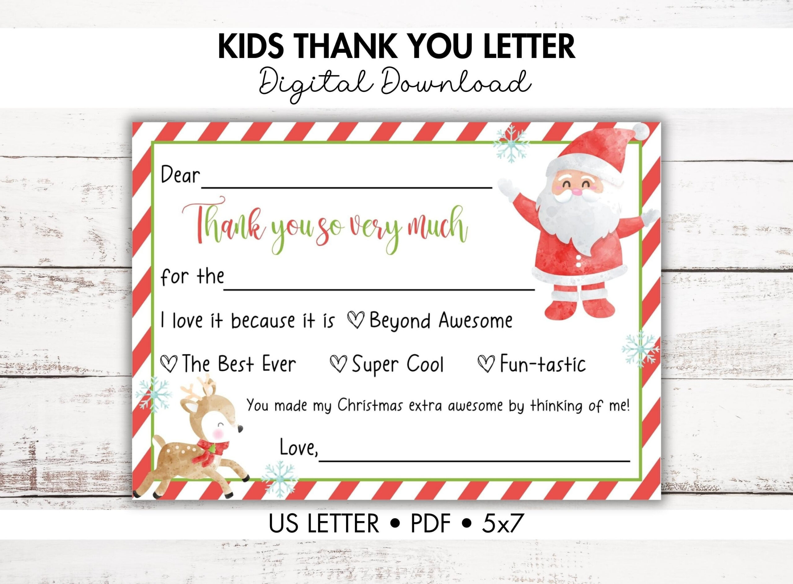 Printable Christmas Thank You Cards For Kids - Etsy throughout Christmas Thank You Note Template