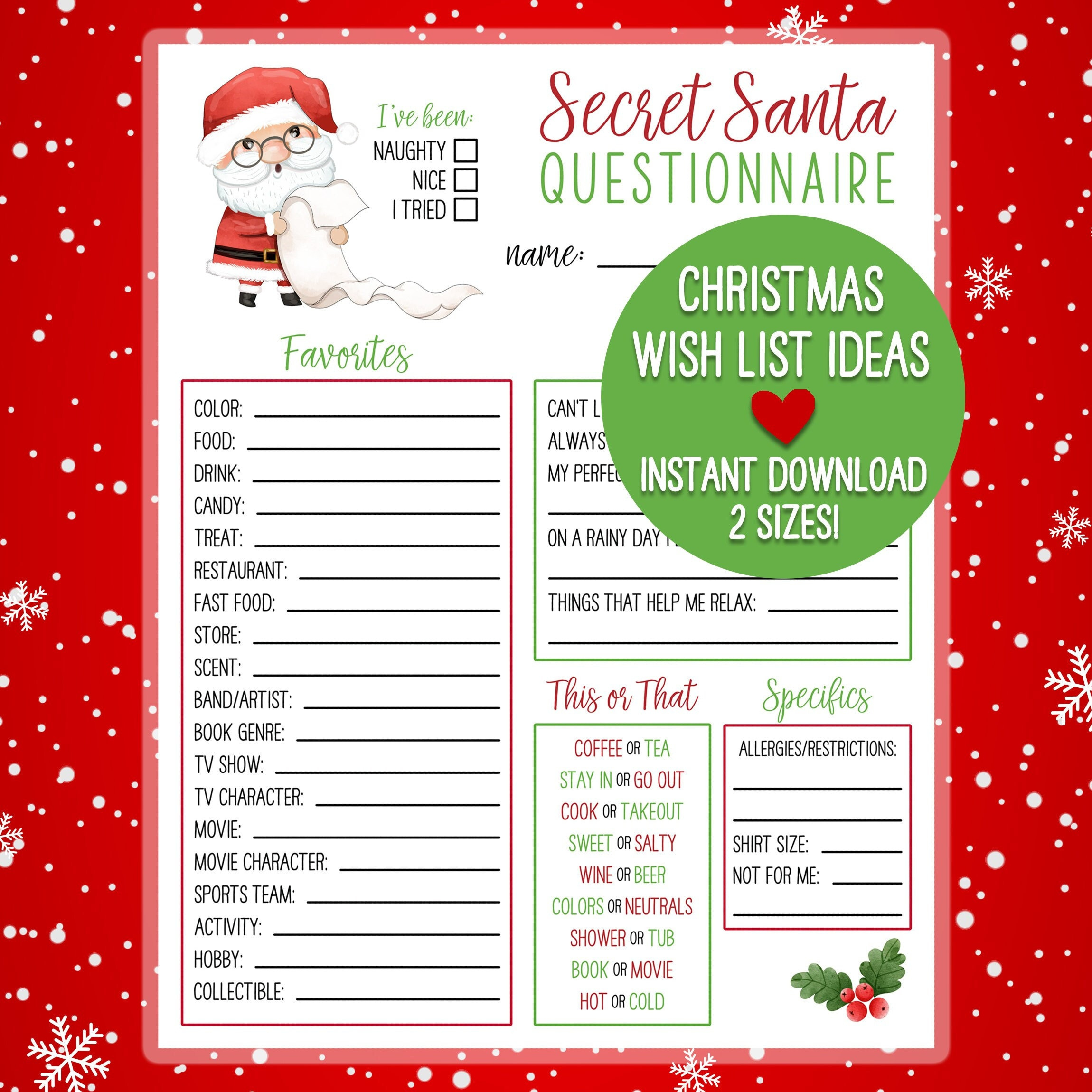 Printable Secret Santa Christmas Wish List | Holiday Gift Exchange throughout Christmas List Template For Secret Santa