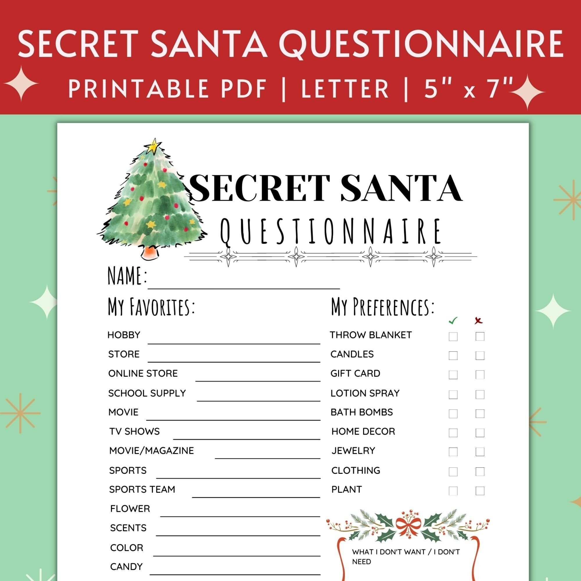 Printable Secret Santa Questionnaire For Christmas Gift Exchange with Christmas List Template For Secret Santa