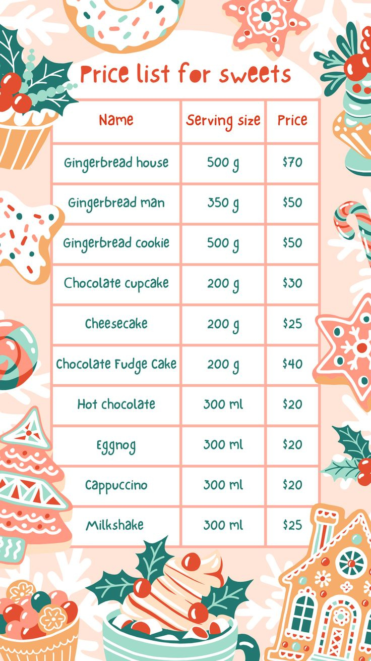 Red Green Holiday Illustrated Sweet Christmas Price List with Christmas Price List Template