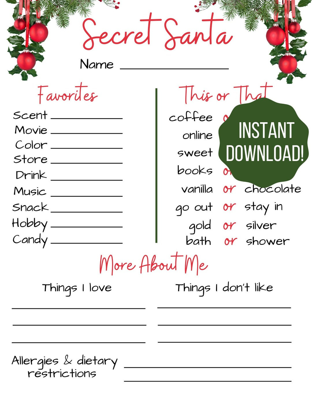 Secret Santa Questionnaire / Secret Santa Form / Christmas regarding Christmas Secret Santa Template